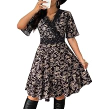 HOMEYEE Women's Vintage Floral Dress V Neck with Lace Boho Summer Flowy Dresses