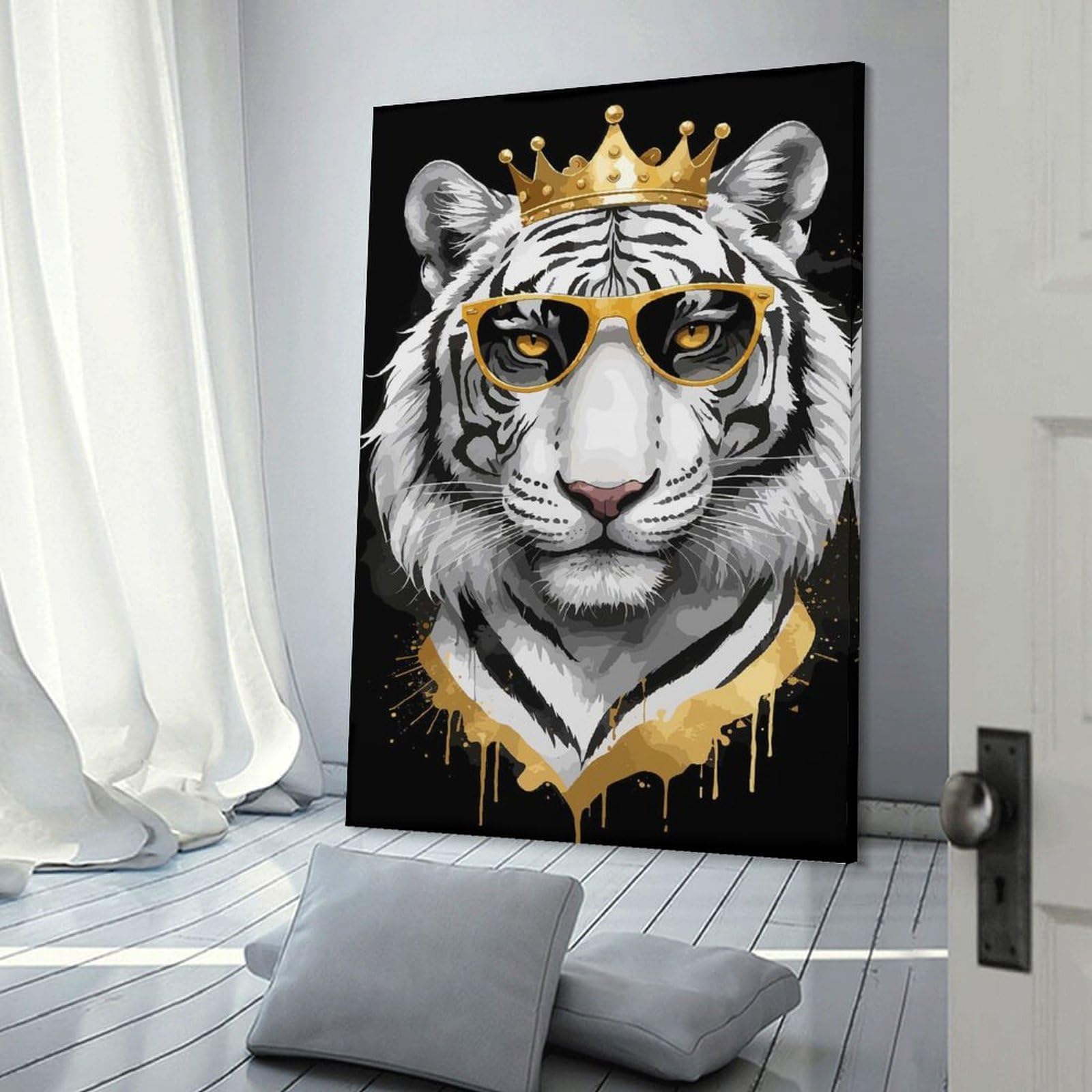 Junmoney Cool Tiger with Crown And Glasses Decorative Wall Artwork, 24x36inch(60x90cm), for Corridors, Hallways Or Apartment Entries, Home Artwork for First Impressions