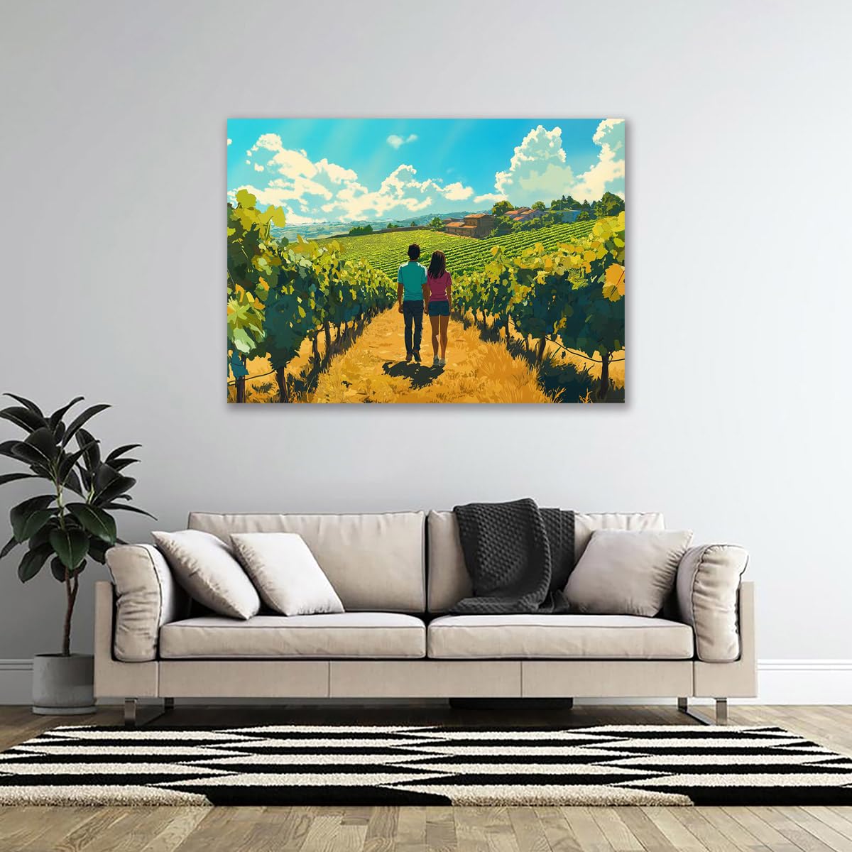 Stampa artistica da parete, motivo: una giovane coppia che cammina nel vigneto Piemonte, stile animazione, arte su tela per la decorazione della casa (1,80 x 120 cm (senza cornice)