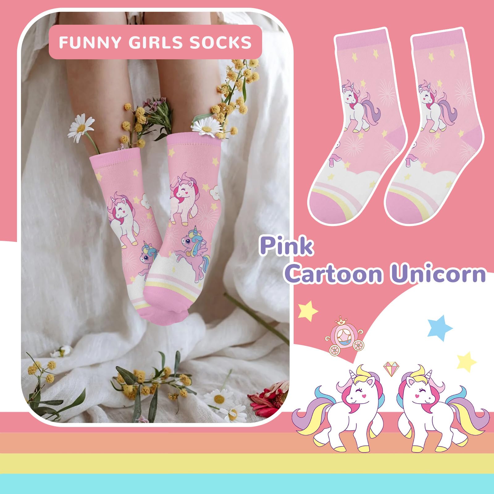 6 Paires Chaussettes Enfants Filles Modèles Mignons Caricature Rose Licorne et Arc-en-ciel Chaussettes Crew Cadeau Doux de 3 à 14 Ans Taille 25-38