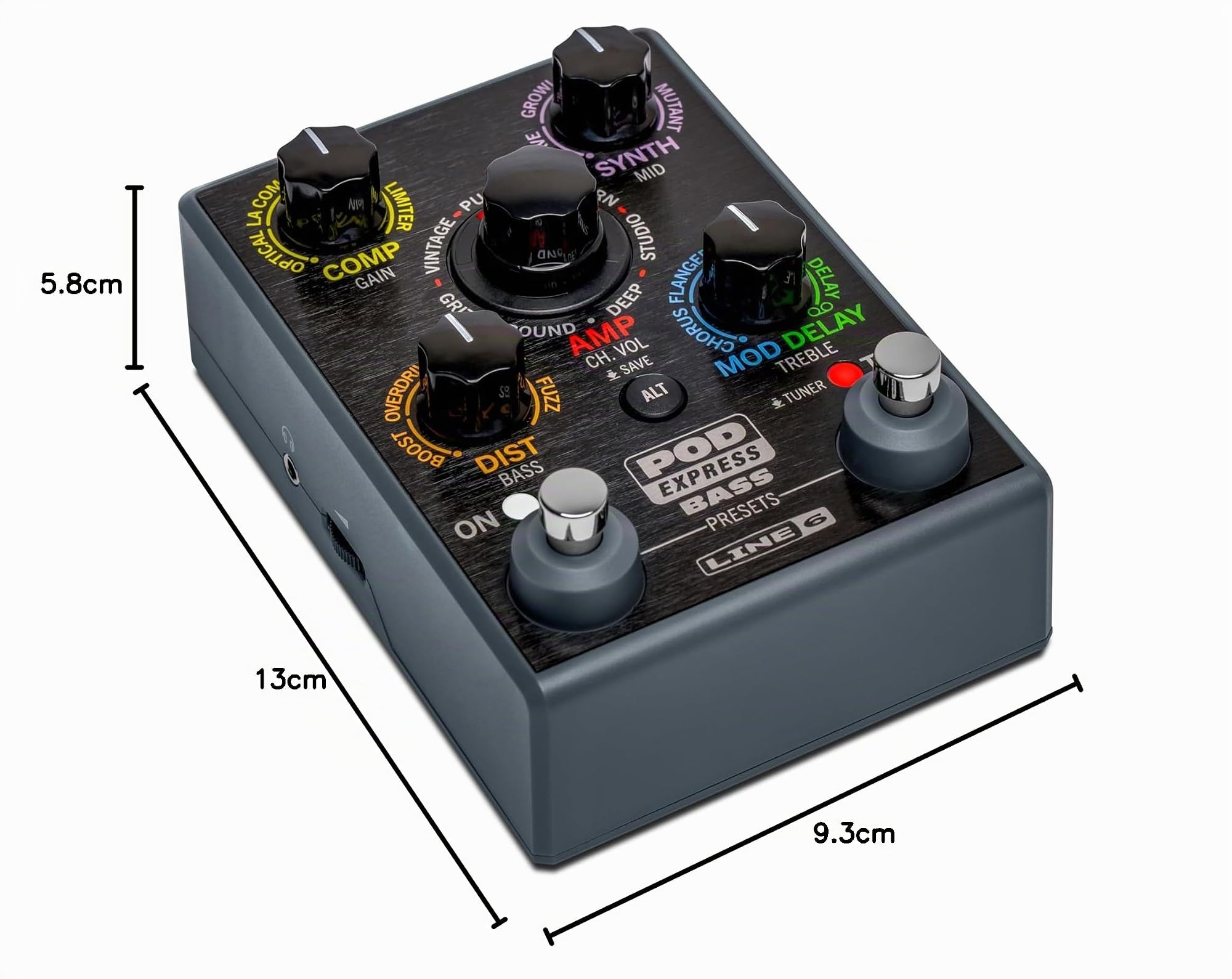 Line 6 POD Express Bass, processeur d'effets et d'ampli, avec 7 modèles d'ampli, 16 modèles d'effets, 21 préréglages et des commandes simples, conception légère ultra-portable