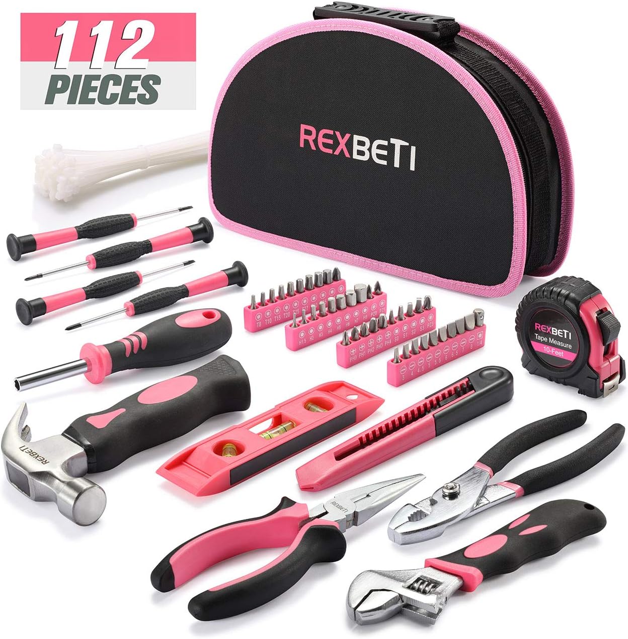 REXBETI 112-Piece Pink Tool Kit, Ladies Premium Solid and Real Hand Tool Set with Easy Carrying Round Pouch, Perfect for Household Projects, Home Maintenance and Dorm Repair