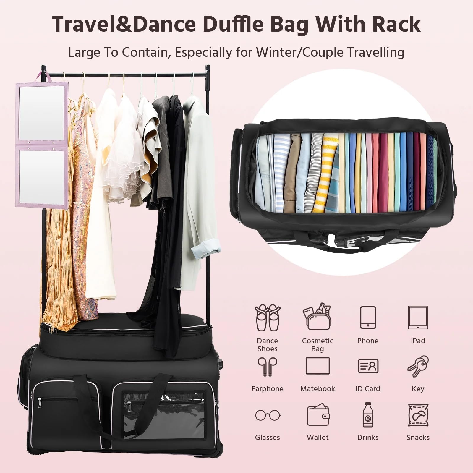 Bagasin Borsa da danza con supporto per abiti, 28" – borsone trolley per costumi da danza, borsa da viaggio con appendiabiti, borsa porta abiti per competizioni di danza (Nero)