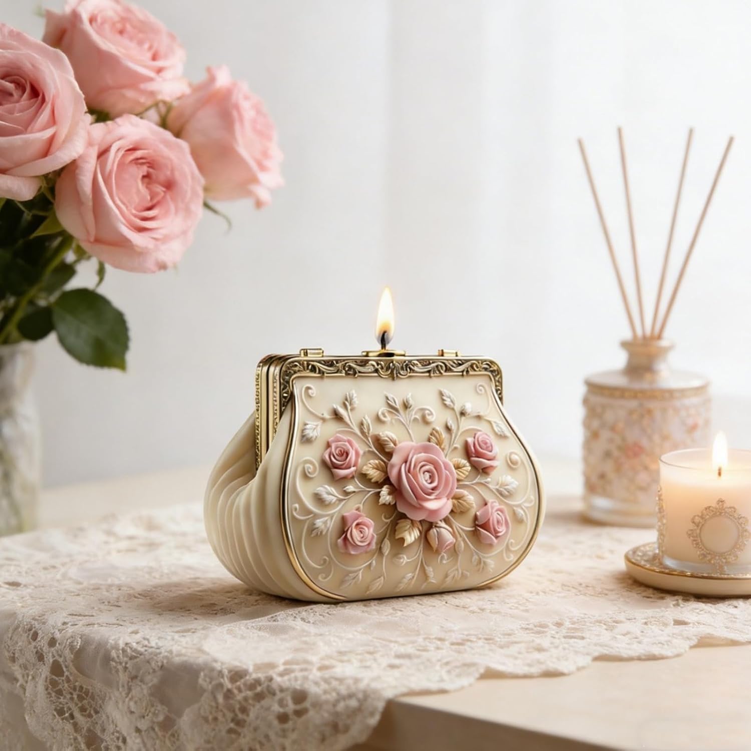 Vintage Rose Handbag Candle Molds for Candle Making, 3D Purse Silicone Mold for DIY Aromatherapy & Candles Epoxy Resin Casting Craft Supplies Outdoor Home Party Decoration Women and Girl Gift