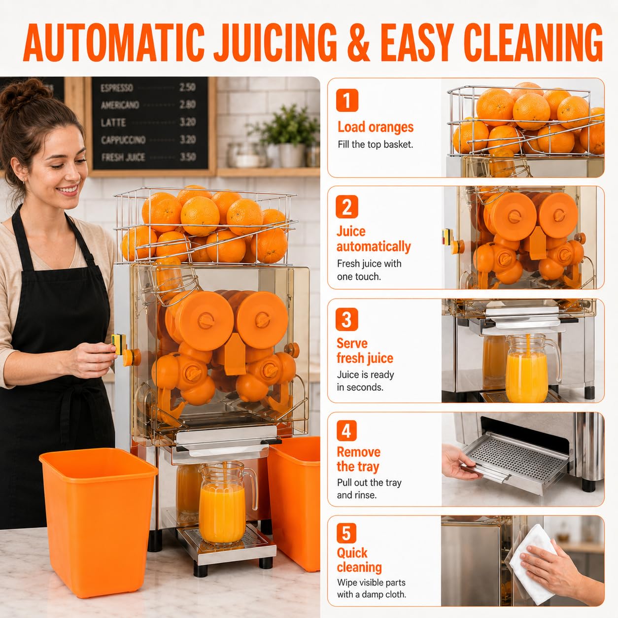 MAGIC SELECT Exprimidor de Naranjas Automático Profesional Hostelería | Máquina de Zumo Industrial, 120W, 20 Naranjas/min, Acero Inoxidable y Doble Cubo, Para Bar y Restaurante