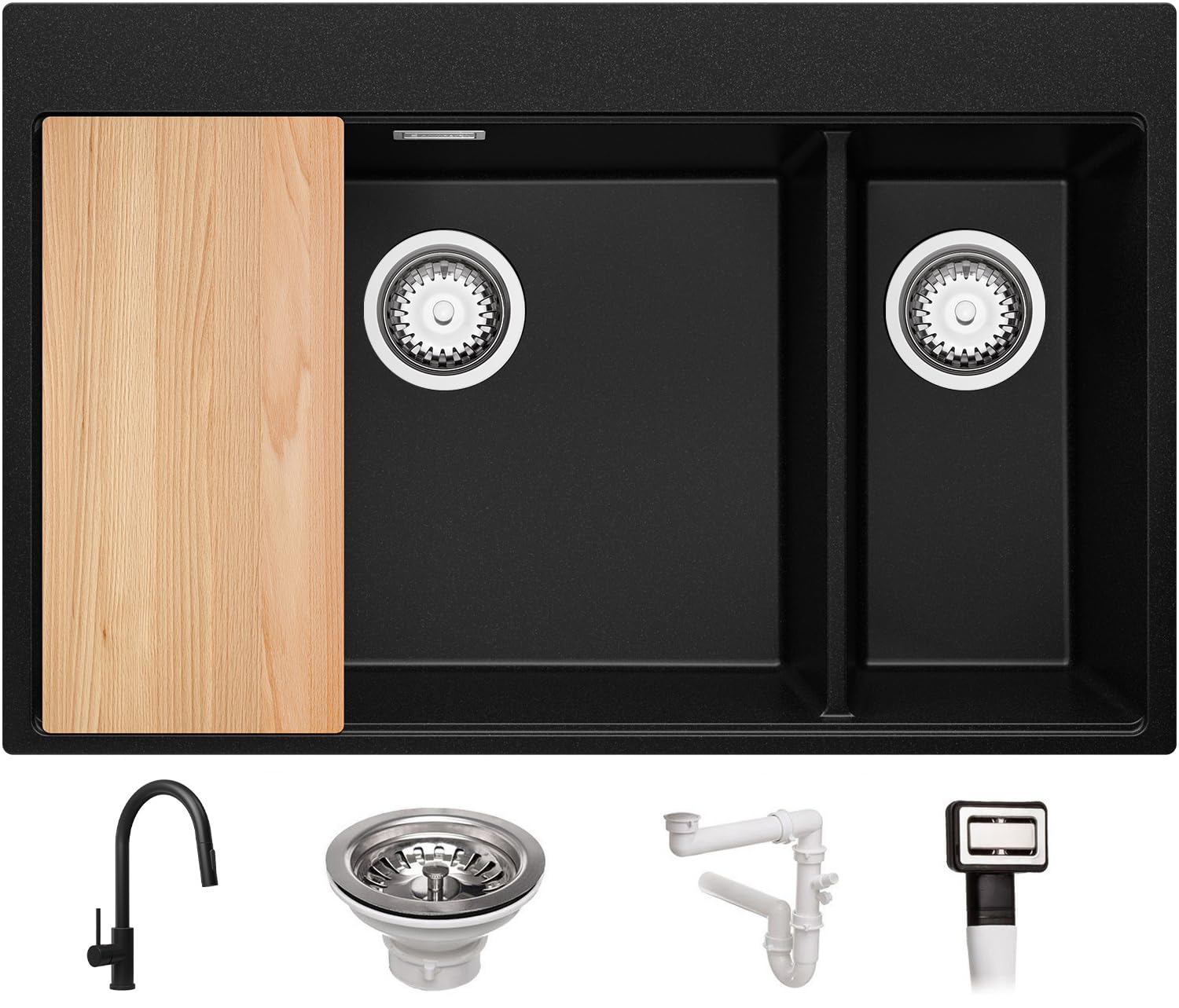 Evier Cuisine en Granit Noir 78x50cm, Lavabo 1,5 bacs + Kit de Vidage + Robinet + Planche à Découper, Évier à Encastrer au meuble 80cm - Oslo Top Duo de Primagran