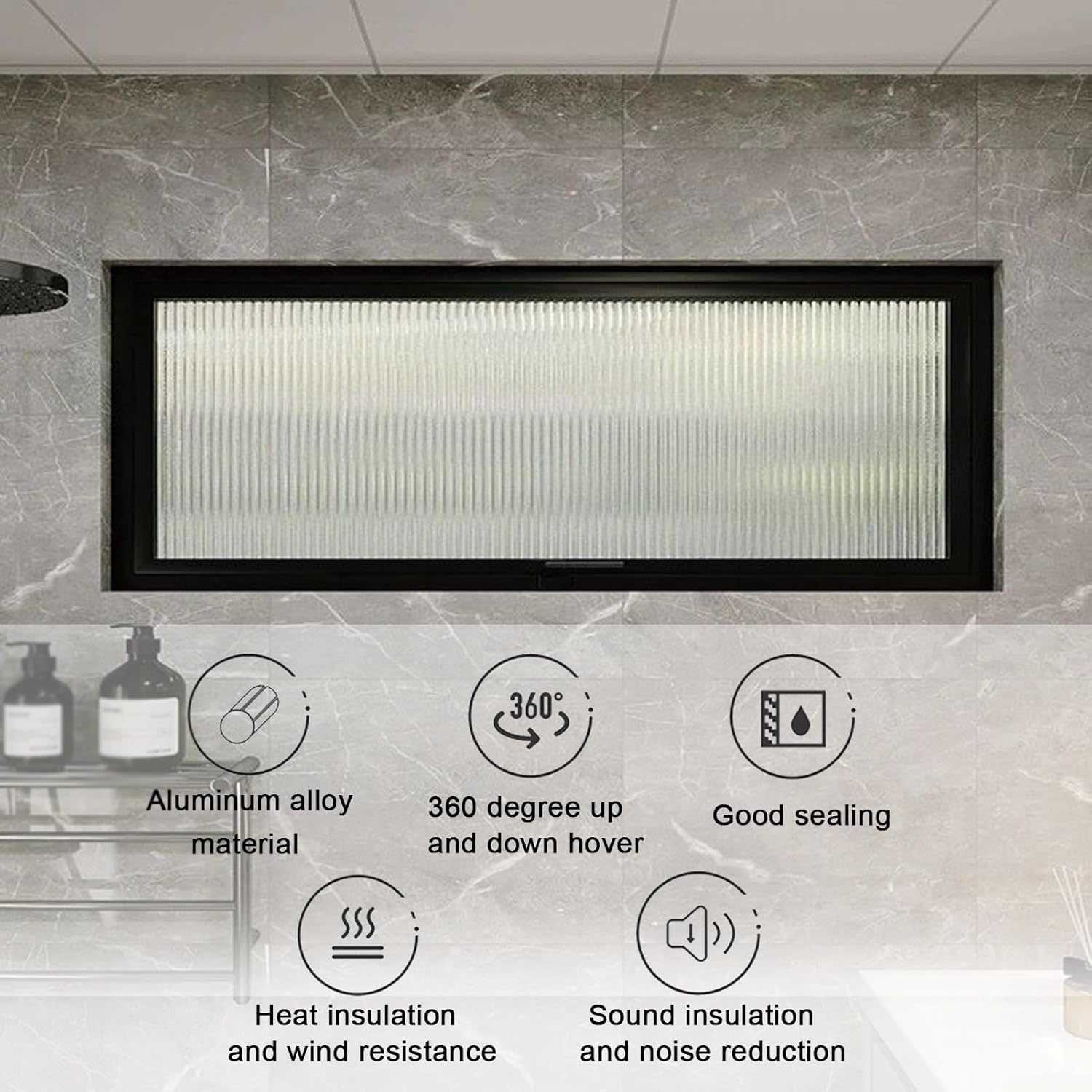 Rectangular Rotating Window, 360° Rotating Ventilation Window, Large Recessed Shed Window with Striped Glass for Bathroom Shop Bedroom Kitchen(Black-B,19.7x35.4in)