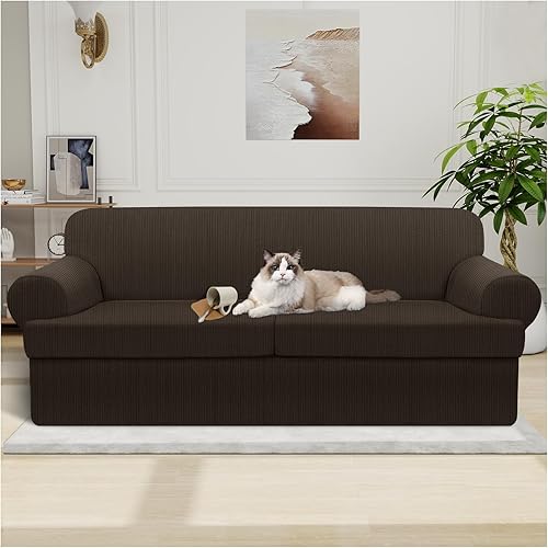 Miniatura 31 de Funda para sofá 100% impermeable, juego de 4 piezas, funda de sofá a rayas para sofá de 3 cojines, con parte inferior de TPU a prueba de fugas