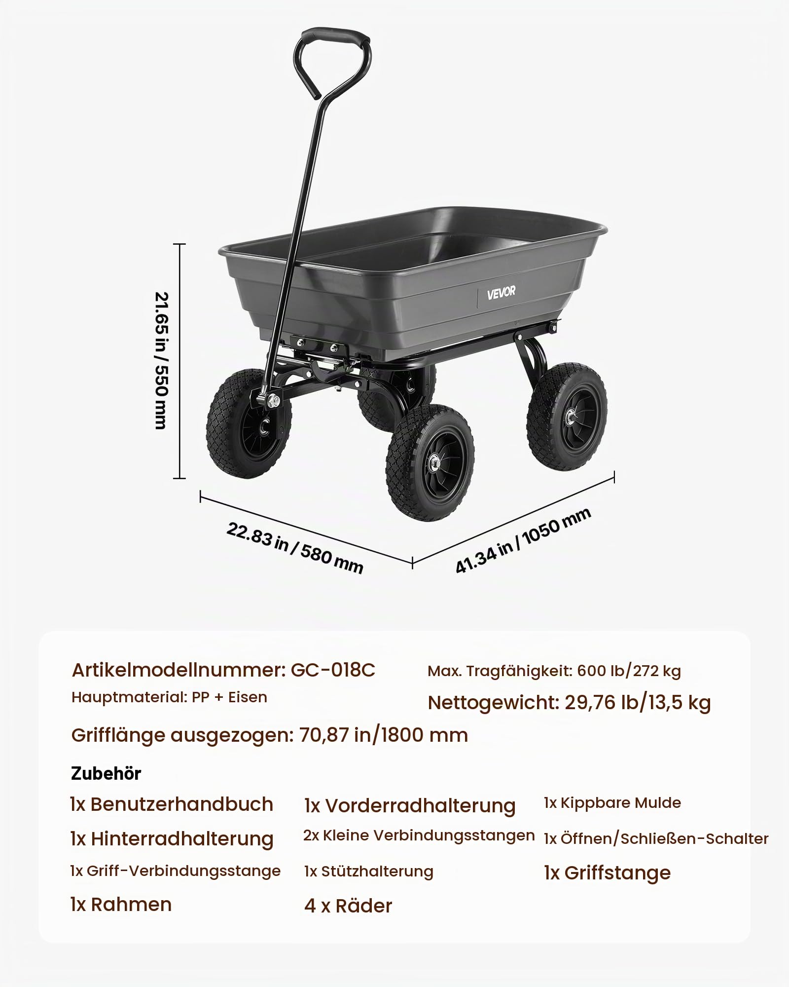 VEVOR Gartenwagen mit Kippfunktion, 272kg Belastbarer Bollerwagen 270° Drehbarer Transportwagen für Gartenarbeit aus Kunsttoff & Stahl mit 10 Zoll Kunststoffreifen, Kippwagen für Rasen, Kies & Schlamm