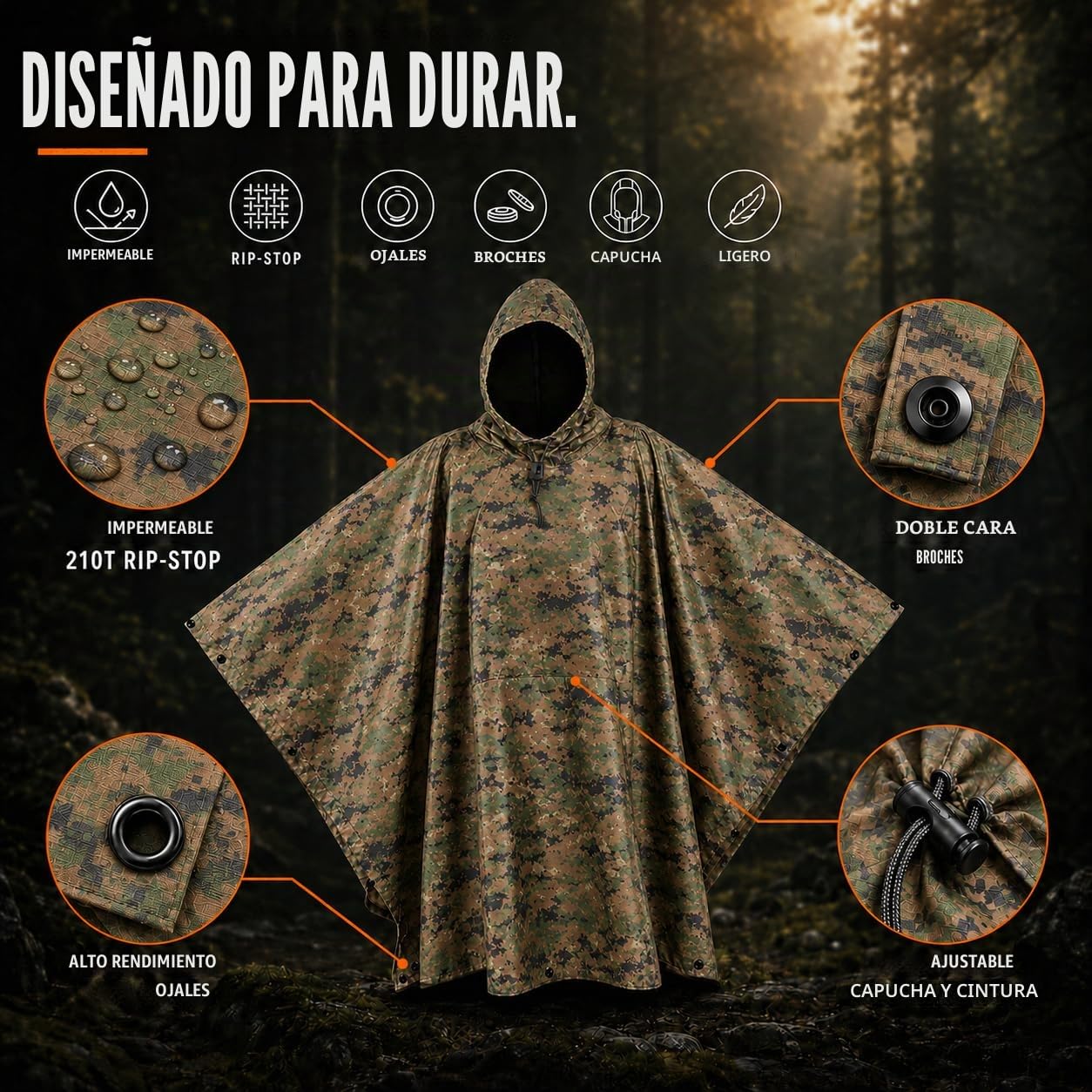 USGI Industries - Poncho de estilo militar multiusos, material ripstop (antidesgarro), de camuflaje, para lluvia