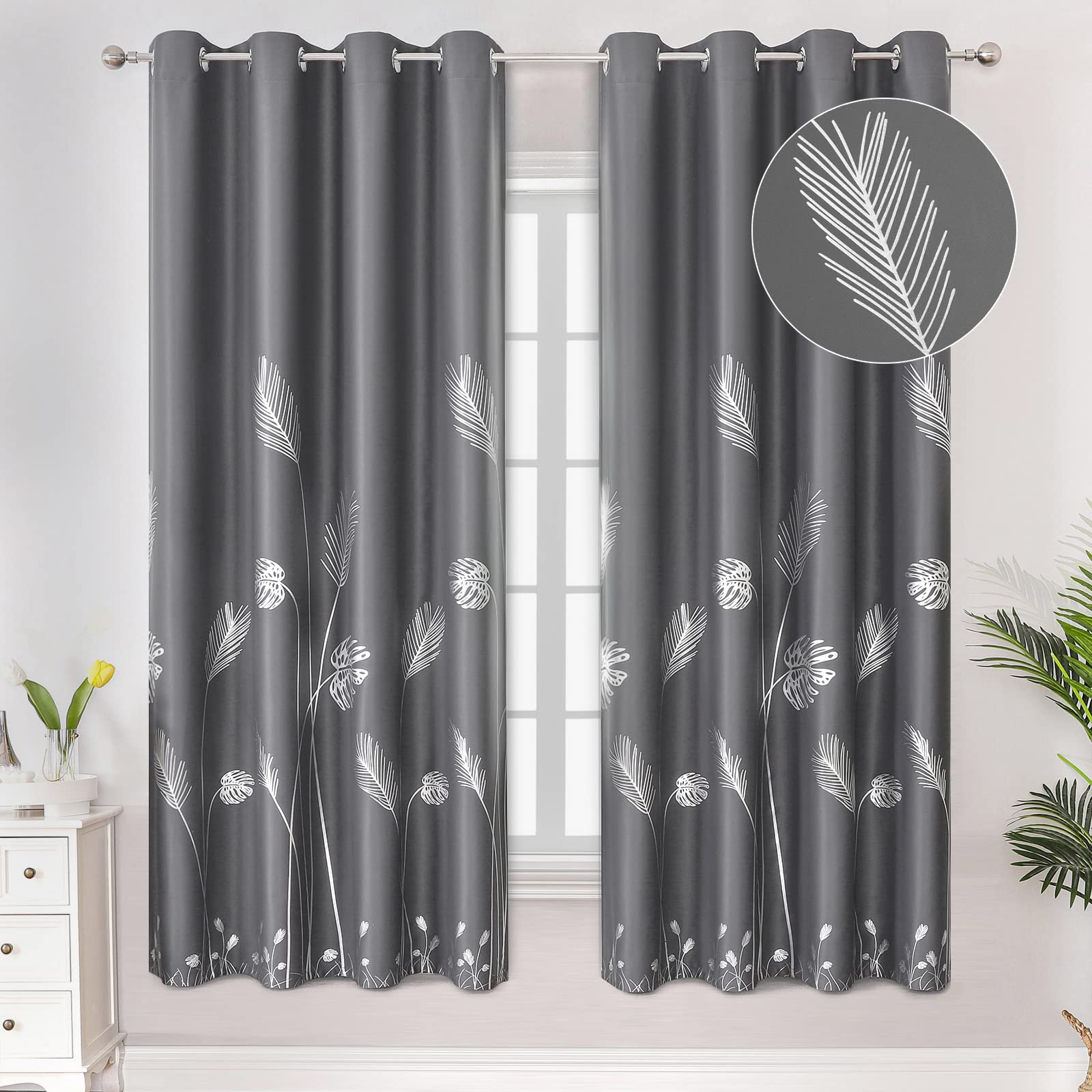 Estelar Textiler Blackout Curtains 2 Panels Set with Silver Palm Tree Curtains Light Blocking Thermal Insulation Window Drapes for Bedroom Patio Door,