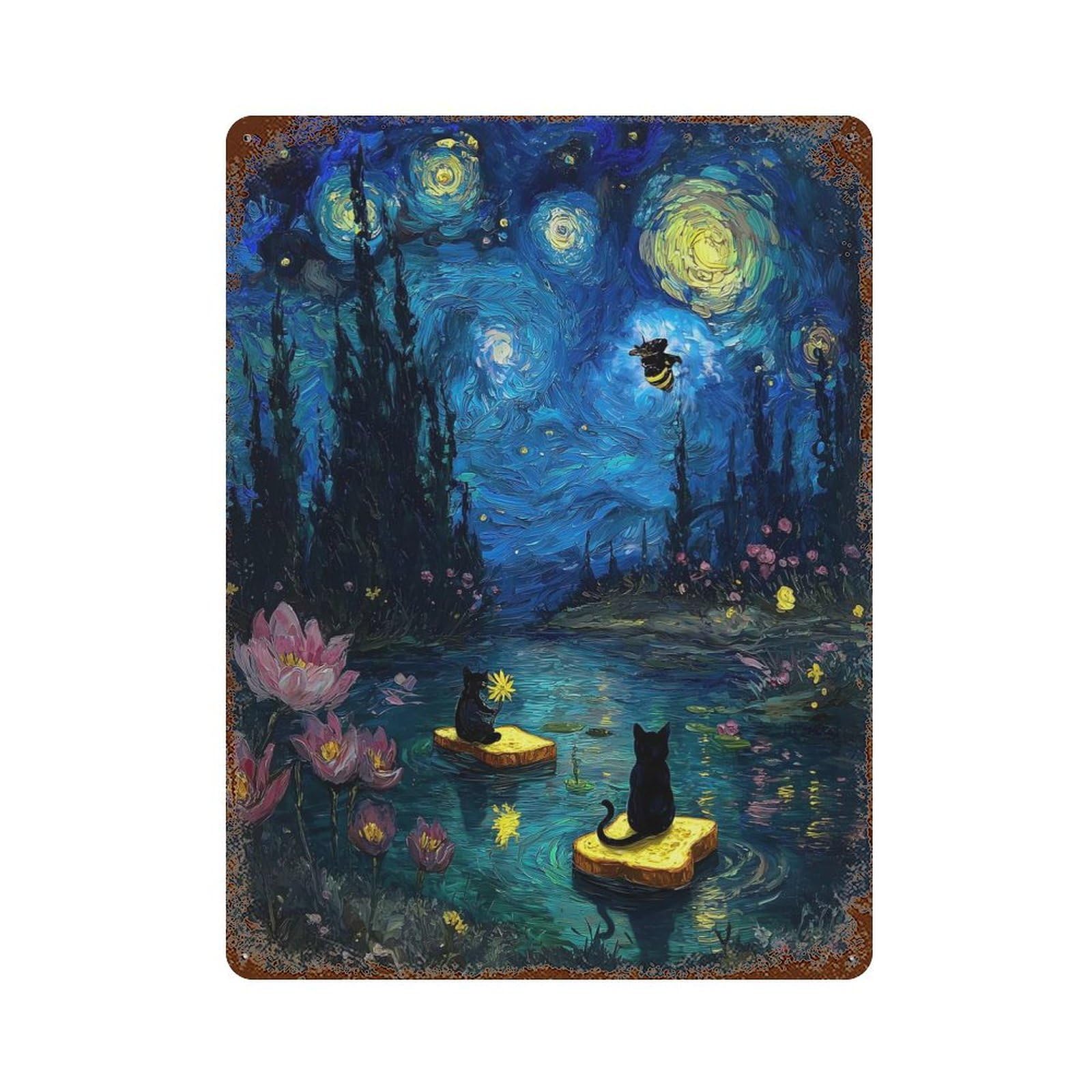 Starry Night Cats on Toast Rustic Tin Plaque 15.7"x11.8", for Shed, Workshop And Garage Wall Decor, Rustic Home Decor