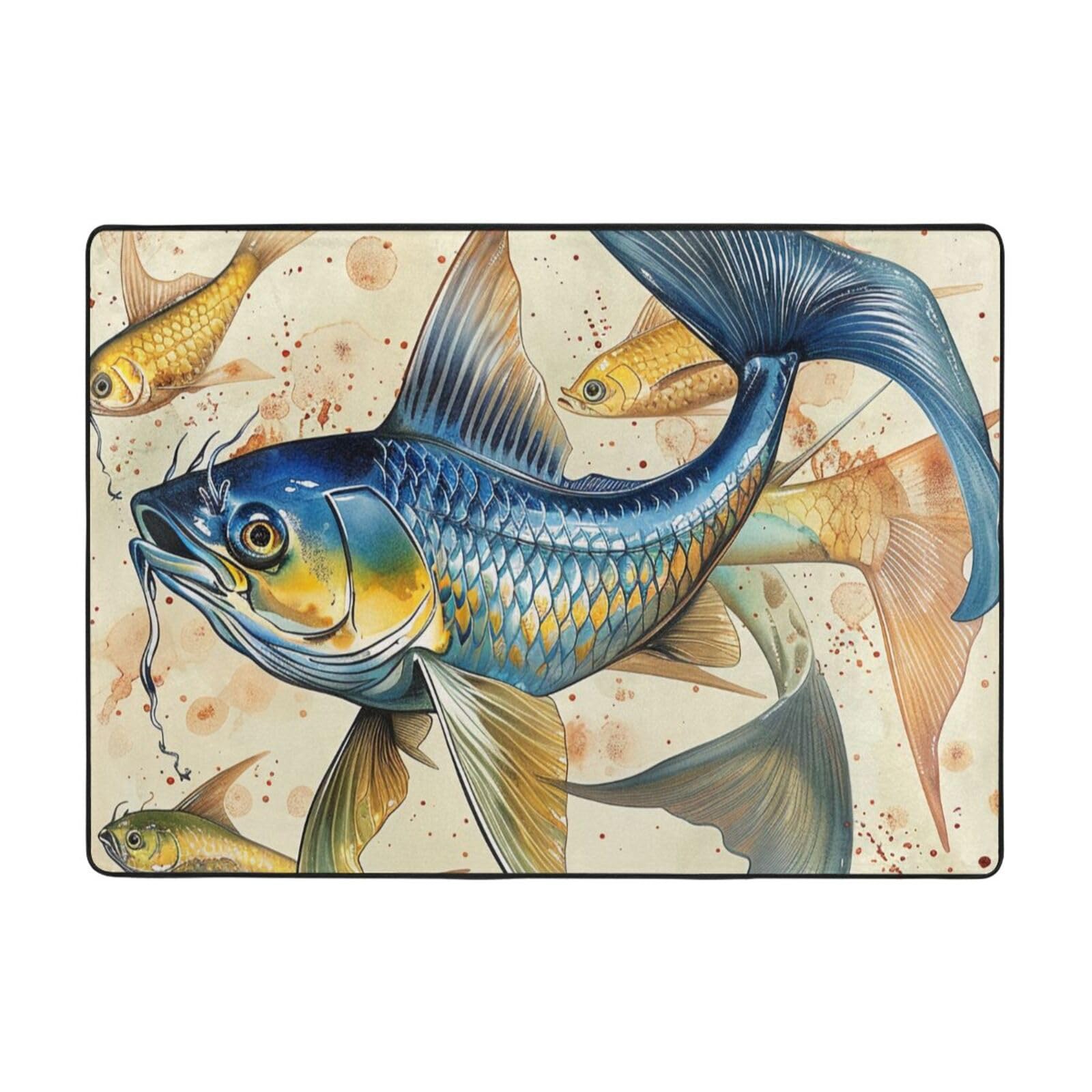 Grand tapis imprimé poisson 203 x 147 cm pour revêtement de sol de chambre et séjour