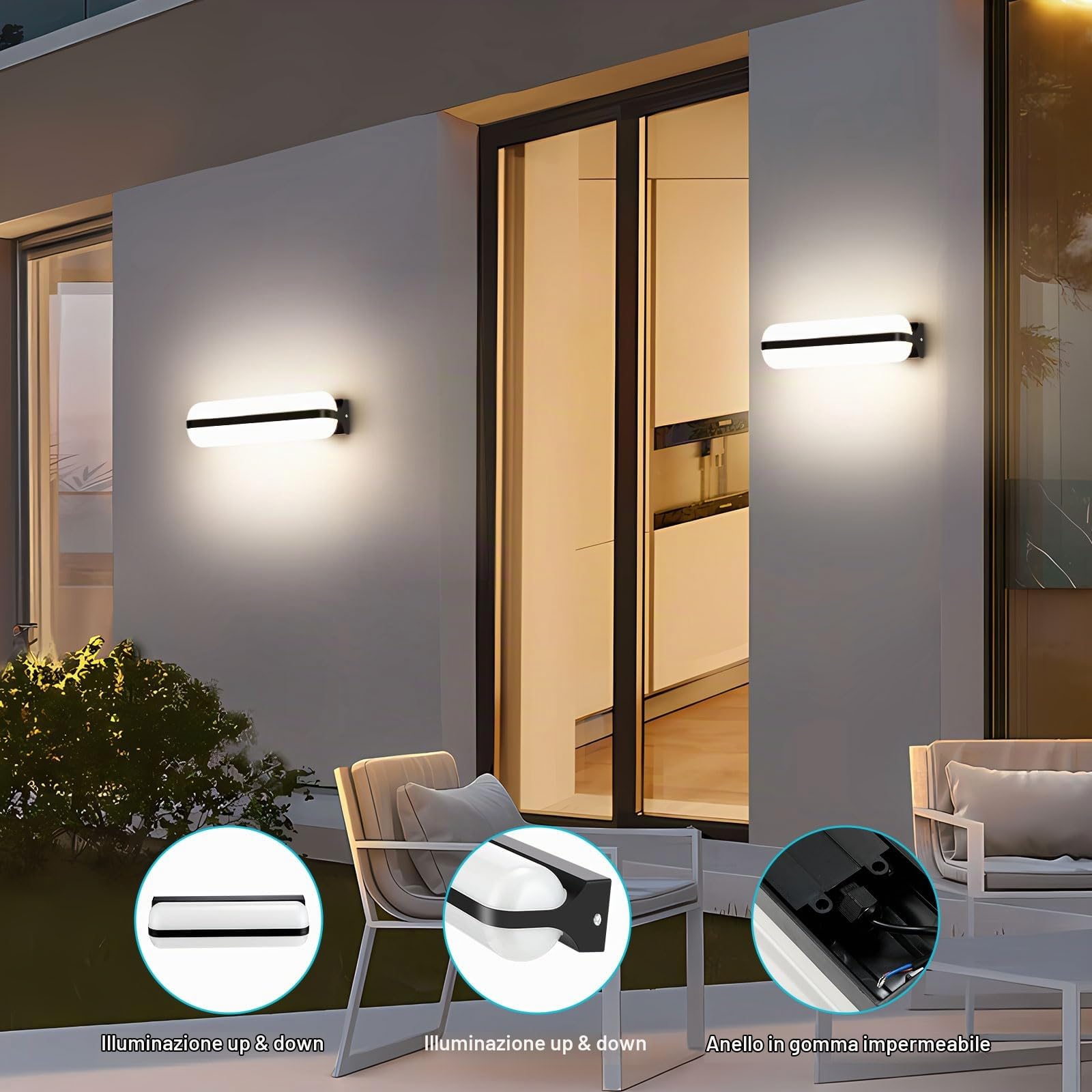 20W Applique da Parete LED Interno - 2 Pezzi Nero, IP65 Lampada da Esterno a Parete Moderna, 2000LM 4000K Luci Up-and-Down Illuminazione, Luce Bagno da Muro per Corridoio Garage Giardino Scale