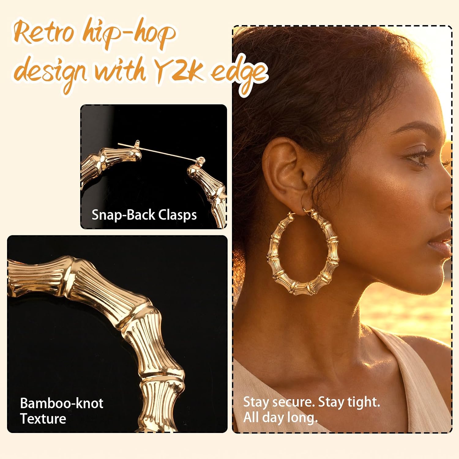 4 Pairs Large Bamboo Hoop Earrings, Y2K Hypoallergenic Gold Bamboo Earrings image 3