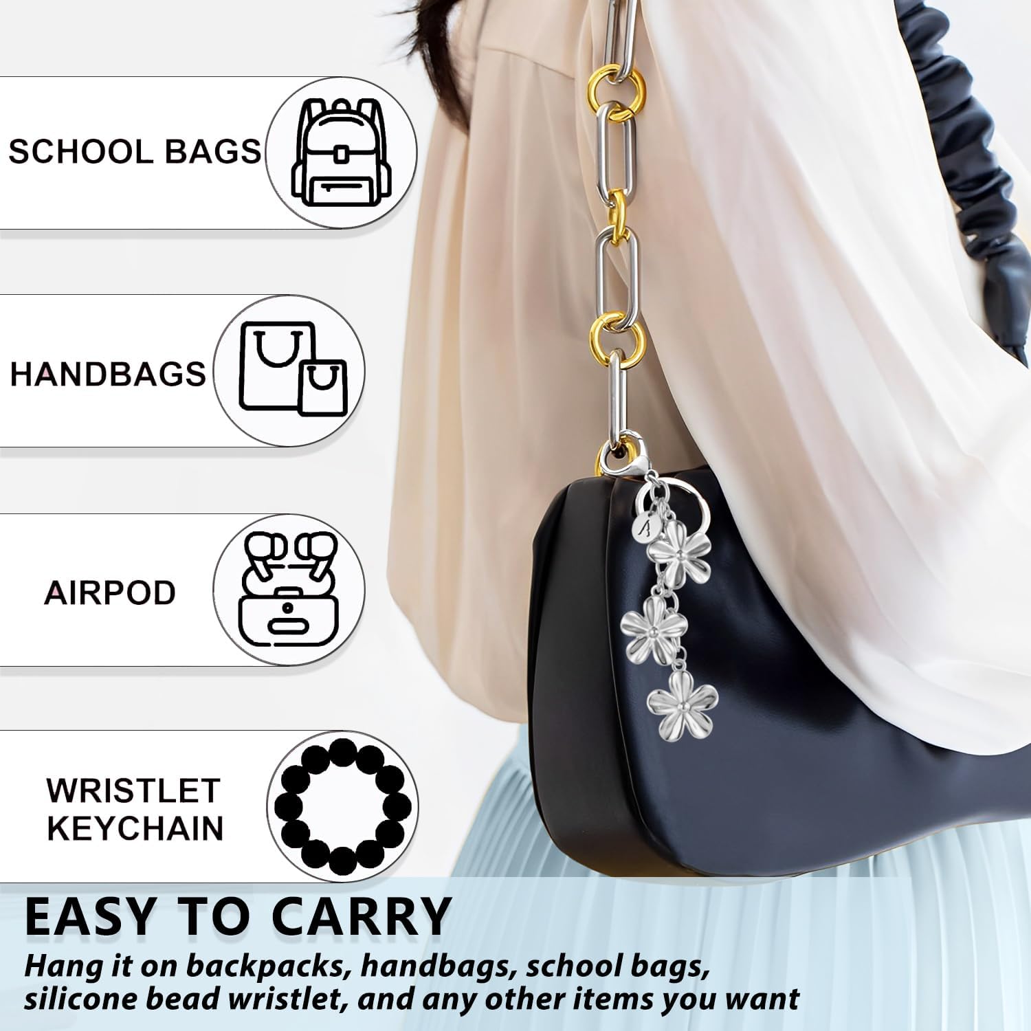 XGALBLA Gold/Silver Initial Keychain Flower Charms for Key Cute Letter Keyring for Purse Handbag Backpack - Image 3