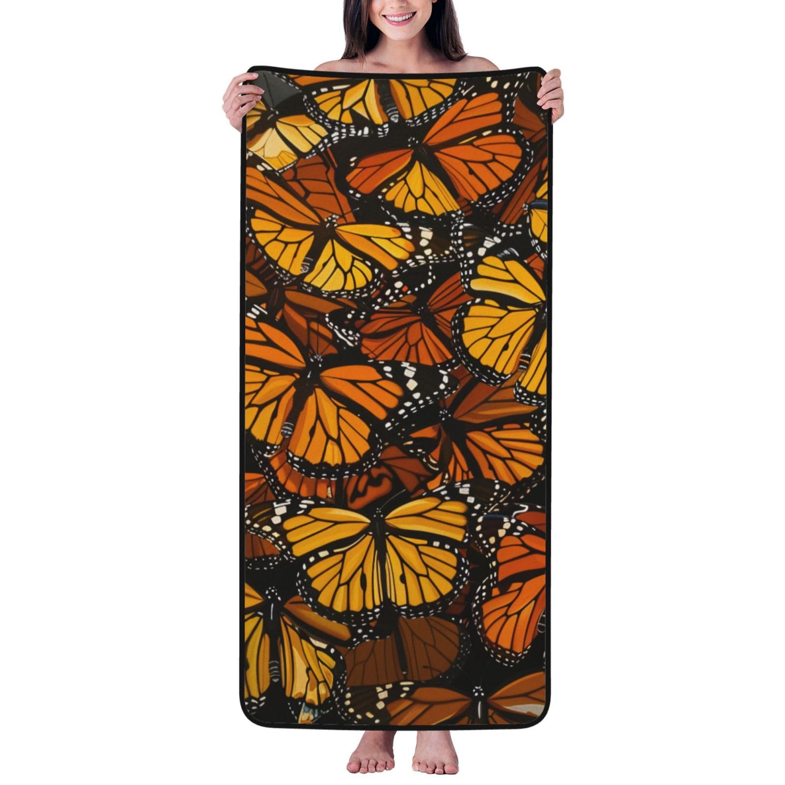 WPKJU Heaps of Orange Monarch Butterflies Printed Bath Towel with Black Edging - 27x55 in Soft Extra Absorbent Coral Velvet Shower Towels for Bathroom