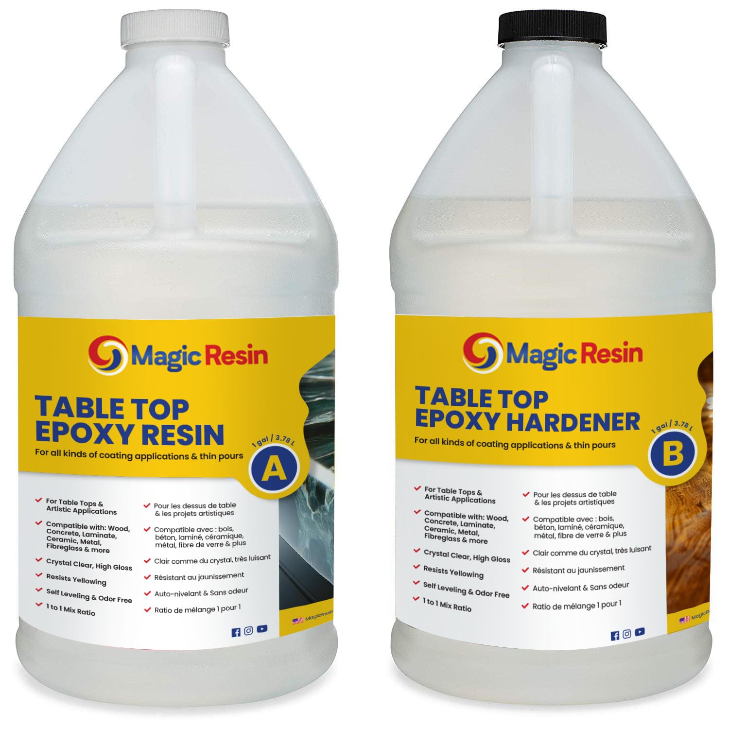 Epoxy Resin for Table Tops & Art Epoxy Resin Kit | 2 Gallon (7.6 L) | Non-Toxic | Premium Quality | High Gloss Thick Clear Coat | for Table Tops, Bar Tops, Counter Tops and Artworks | 100% Solids