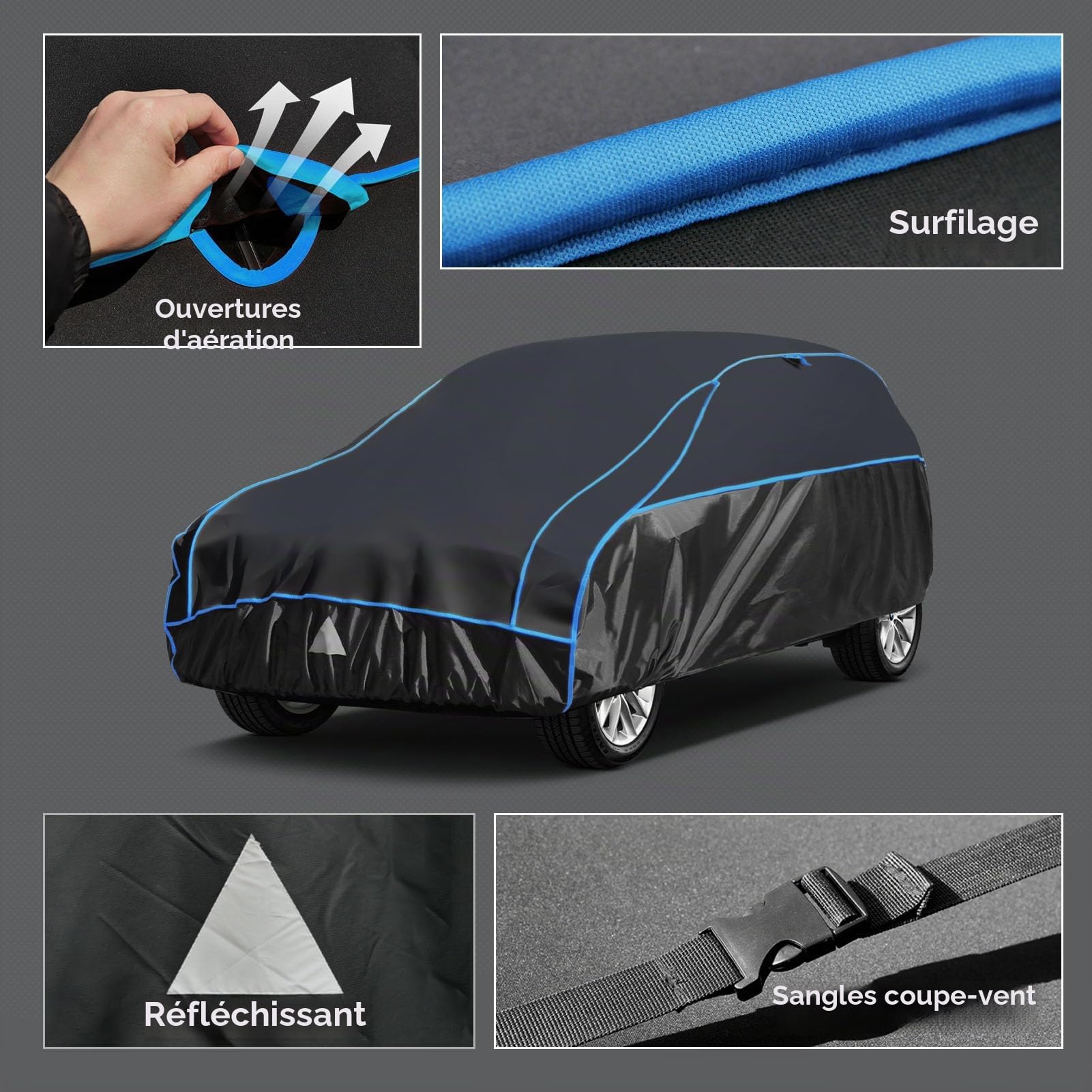 Bâche Voiture Anti-grêle Étanche, Housse de Protection Voiture Extérieur Contre Pluie Soleil Poussière, Bâche Contre la Grêle pour SUV 4x4 460 à 485 cm. YL