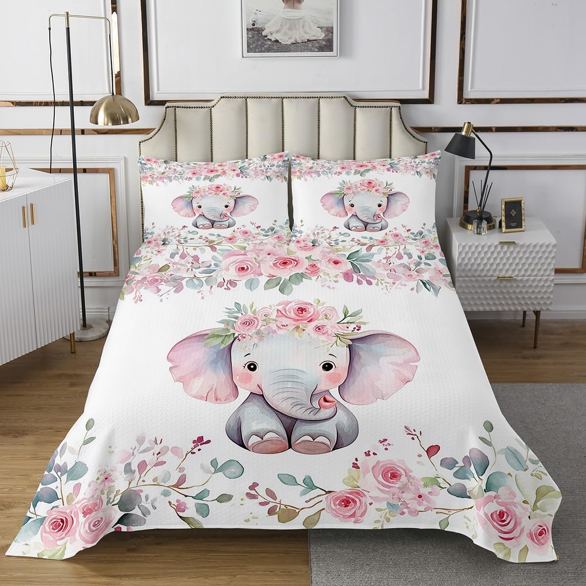 Erosebridal Girls Kawaii Elephant Coverlet Set Twin,Cute Rose Elephant Kids Bedspread Set Pink Floral Animal Quilt Set,Watercolor Flower Wildlife Bedding Set 2 Pcs