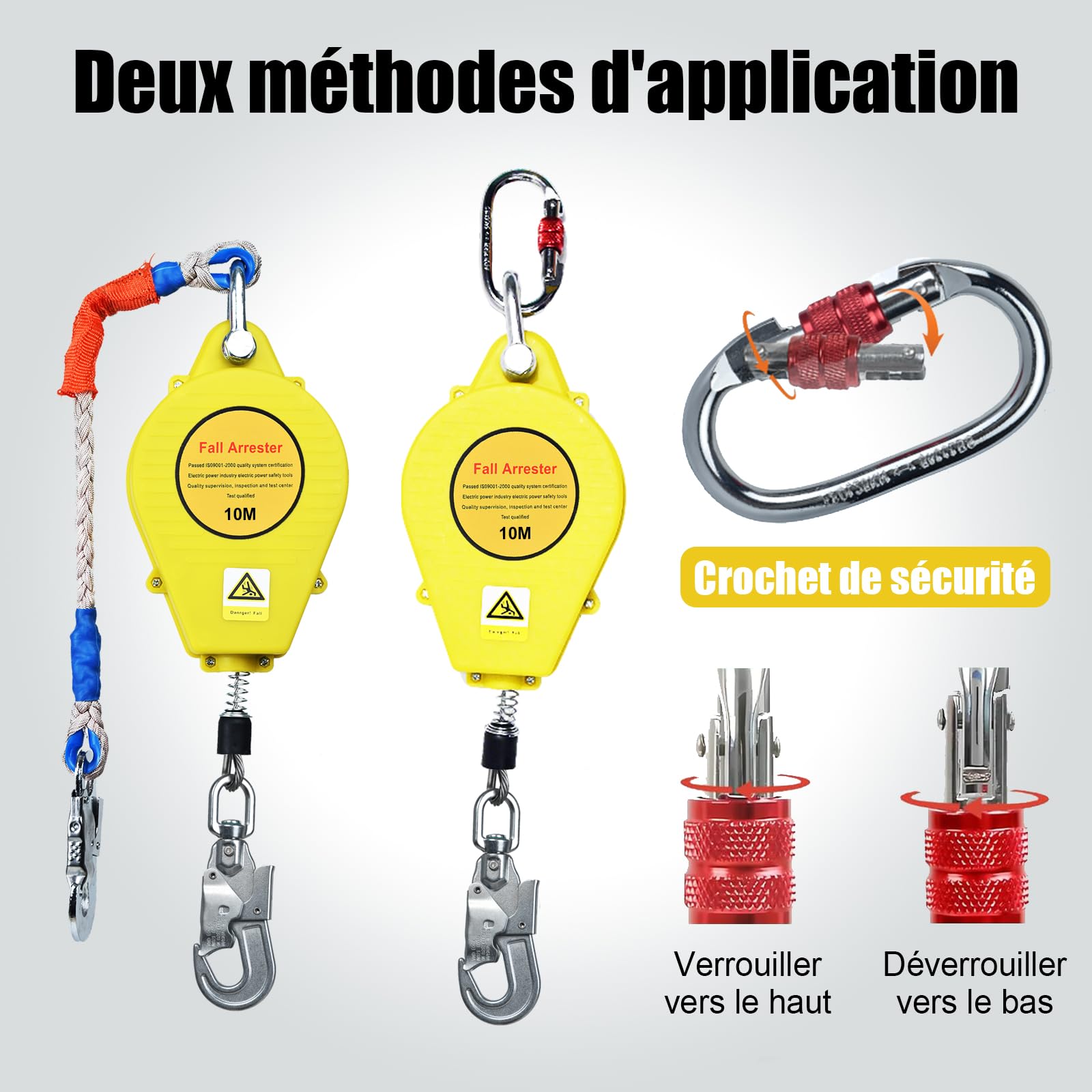 Stop Chute Automatique, Dispositif Antichute Automatique avec Mousqueton Rotatif, Stop Chute Toiture à Rappel Automatique Adapté aux Travaux en Hauteur et à l'Escalade(Giallo,10m)