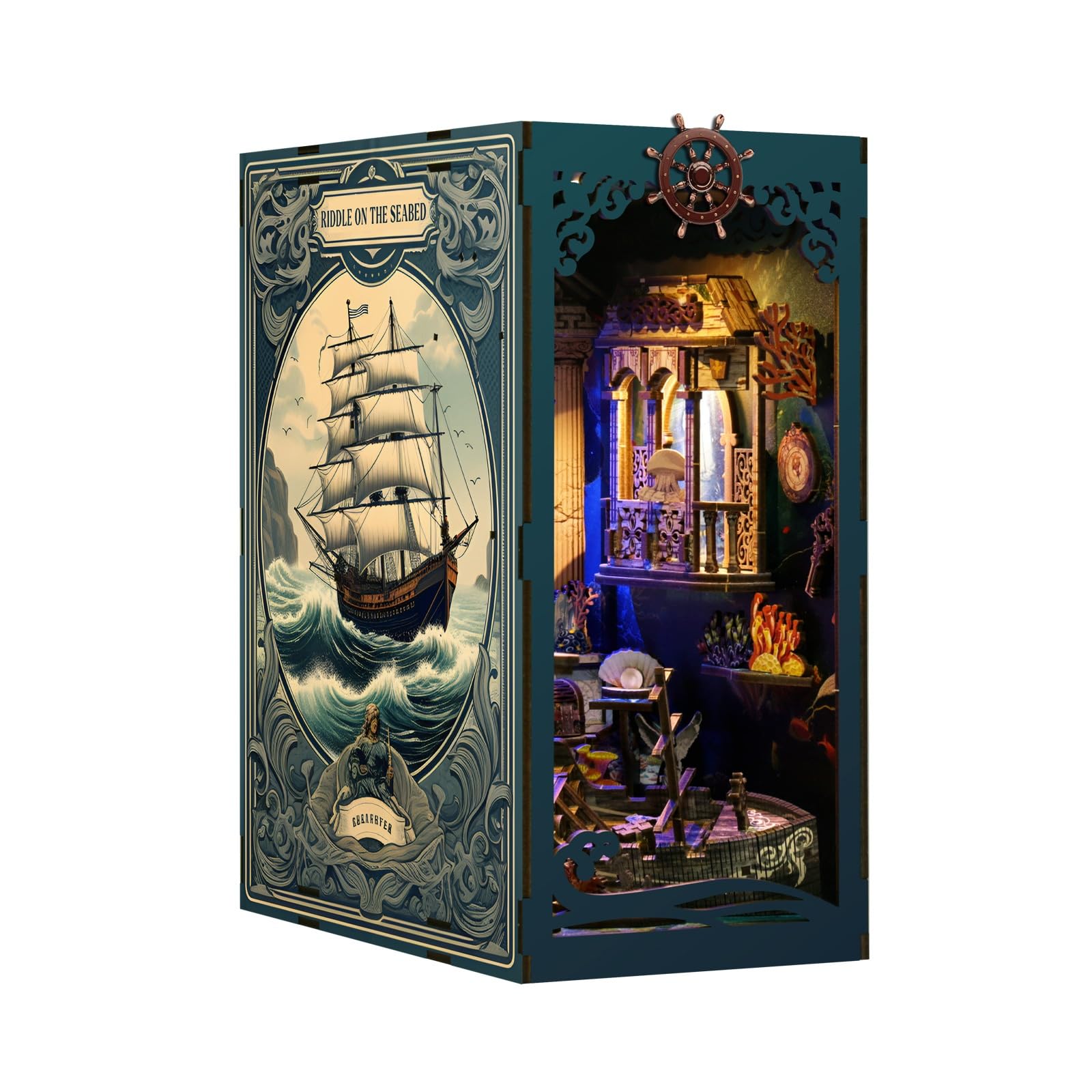 MaHo Book Nook Deep Sea Treasures - DIY Miniatur-Diorama fürs Bücherregal, 216 Teile, 11 x 18 x 23 cm, ab 12 Jahren - Booknook Diorama Modellbau Miniatur Bausatz – DIY Book Nook Kit aus Holz mit LED