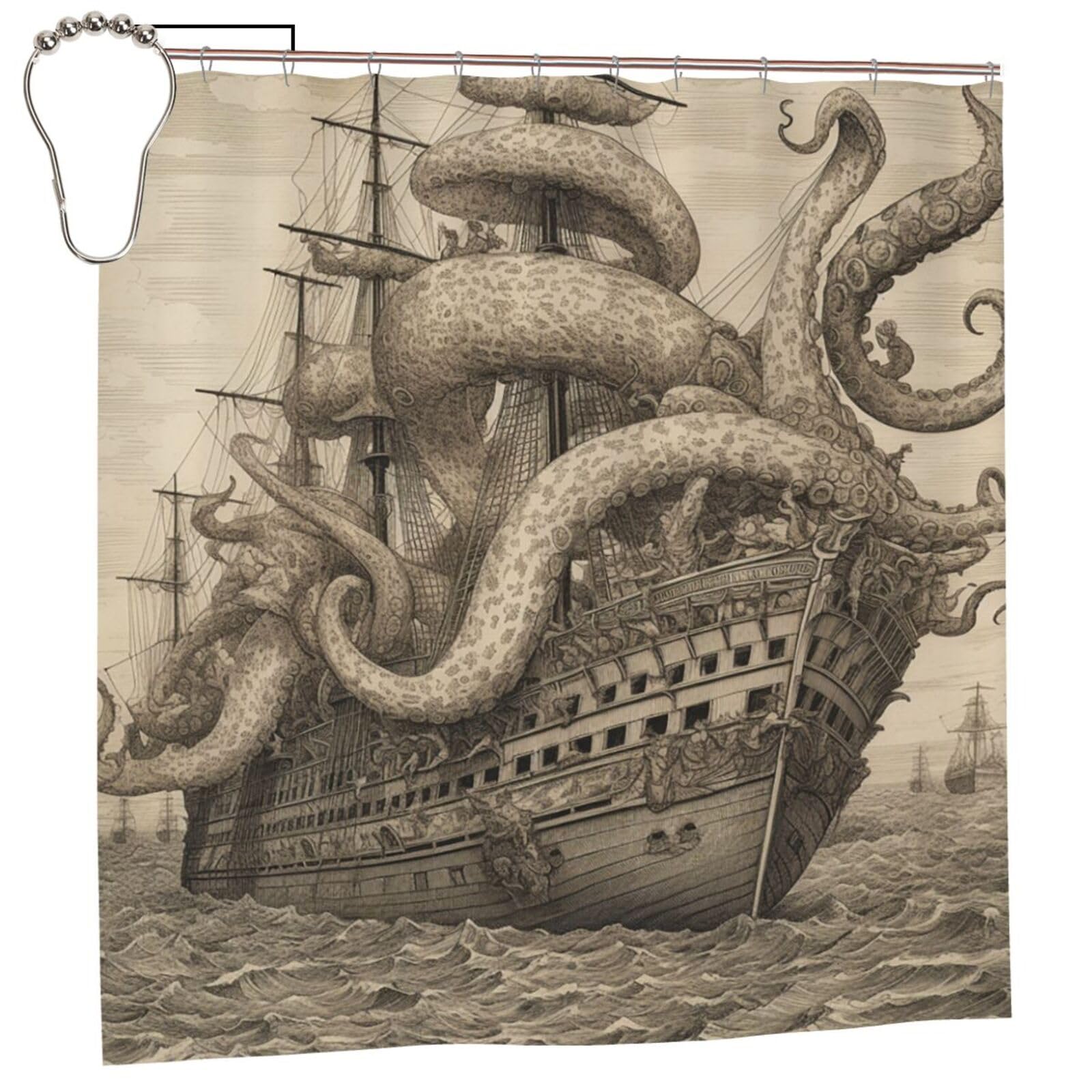 FodPand Sailing Pirate Octopus Shower Curtain 70"x70" Waterproof Long Bathroom Curtain Heavy Duty Thick Cloth Bath Curtain Set with Hooks, Modern Abstract Art Pattern Bathroom Shower Curtains