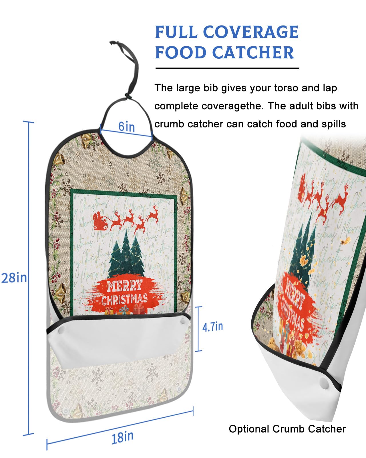 Christmas Tree Adult Bibs for Eating, Waterproof Bibs with Food Catcher & Adjustable Snap Closure, Xmas Tree Bells Berry Botanical Farmhouse Clothing Protectors Adult Bibs for Elderly Women/Men