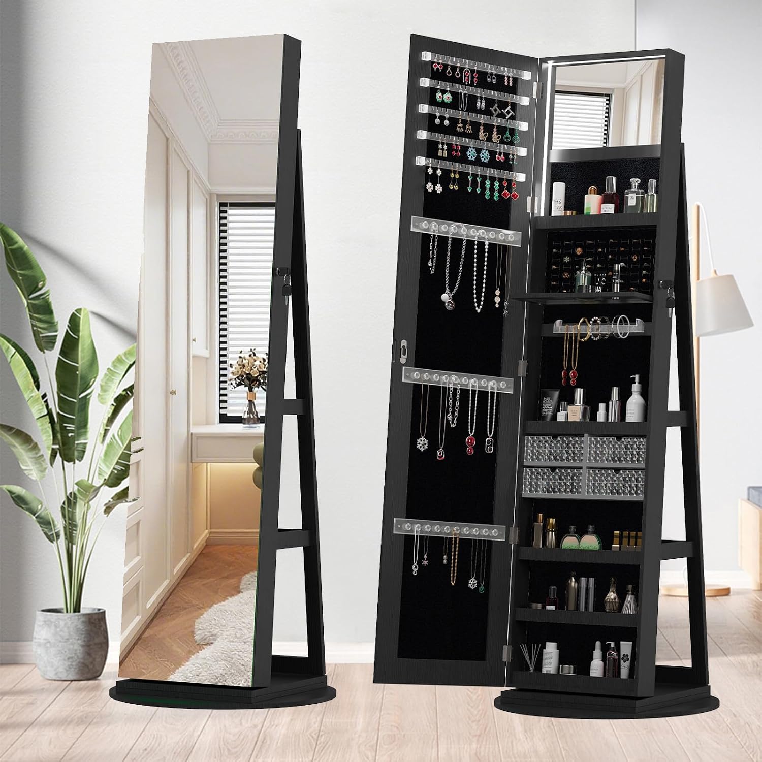 Anwick Jewelry Armoire Organizer with Full Length Mirror, 360° Swivel Jewelry Organizer Armoire Standing, Rotatable Full Length Mirror Jewelry Cabinet Standing for Wife (Black 21.6“)
