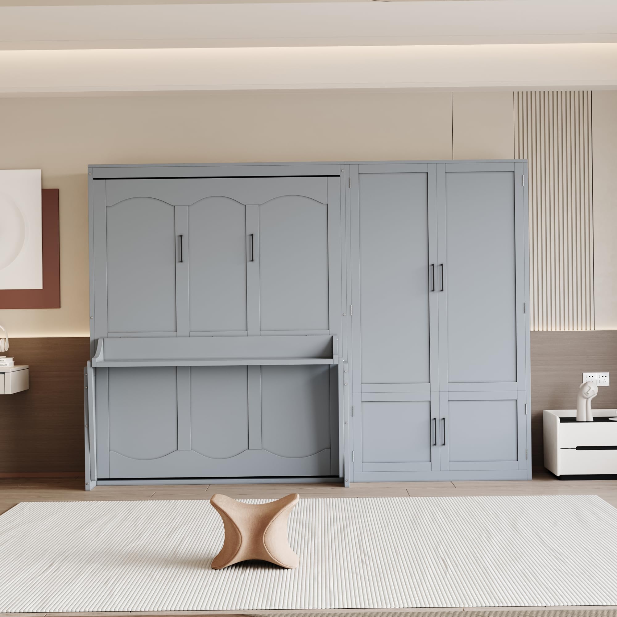 Merax Queen Size Murphy Bed Wall Bed with Closet and Wardrobe Storage for Bedroom,Gray