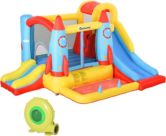 Outsunny Kids Bounce Castle House Inflatable Trampoline Slide Water Pool 3 in 1 with Blower for Kids Age 3-8 Rocket Design 3.3 x 2.65 x 1.85m