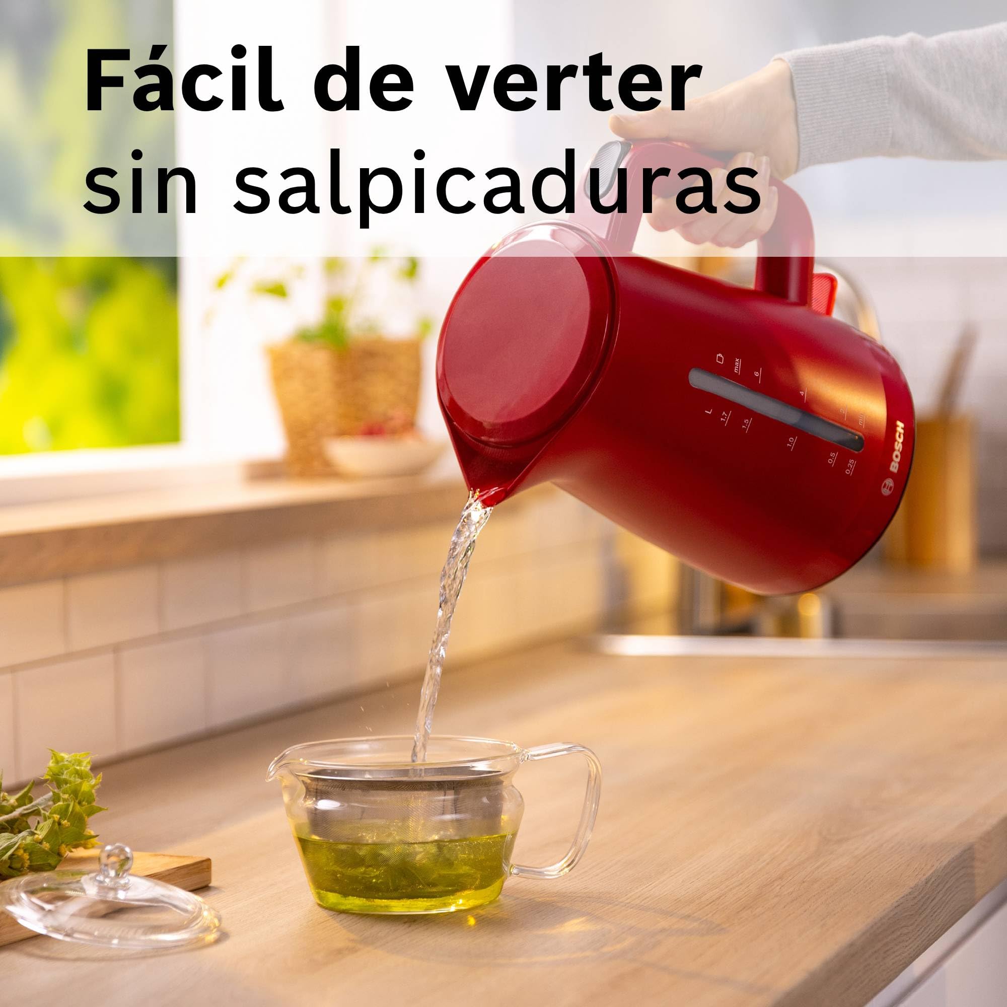 Bosch - hervidor eléctrico, MyMoment, manejo ergonómico, triple sistema de seguridad, filtro antical, capacidad de 1,7 l, rojo intenso, TWK3M124 | Hervidor, calentamiento rápido, filtro extraíble, indicador de nivel de agua, apagado automático, fácil de l