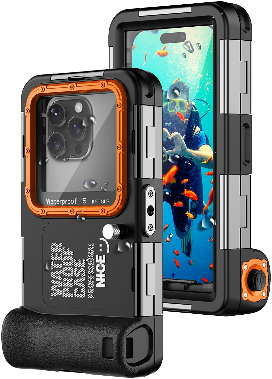 Hllhunkhe Unterwasser Handyhülle IP68 15m/50ft wasserdichte Handyhülle für iPhone 17 16 15 14 13 12 11 Pro Max/XS/X, Professionelle Tauchen Schwimmen Foto & Video, Outdoor-Schwimmen,Schwarz-Orange
