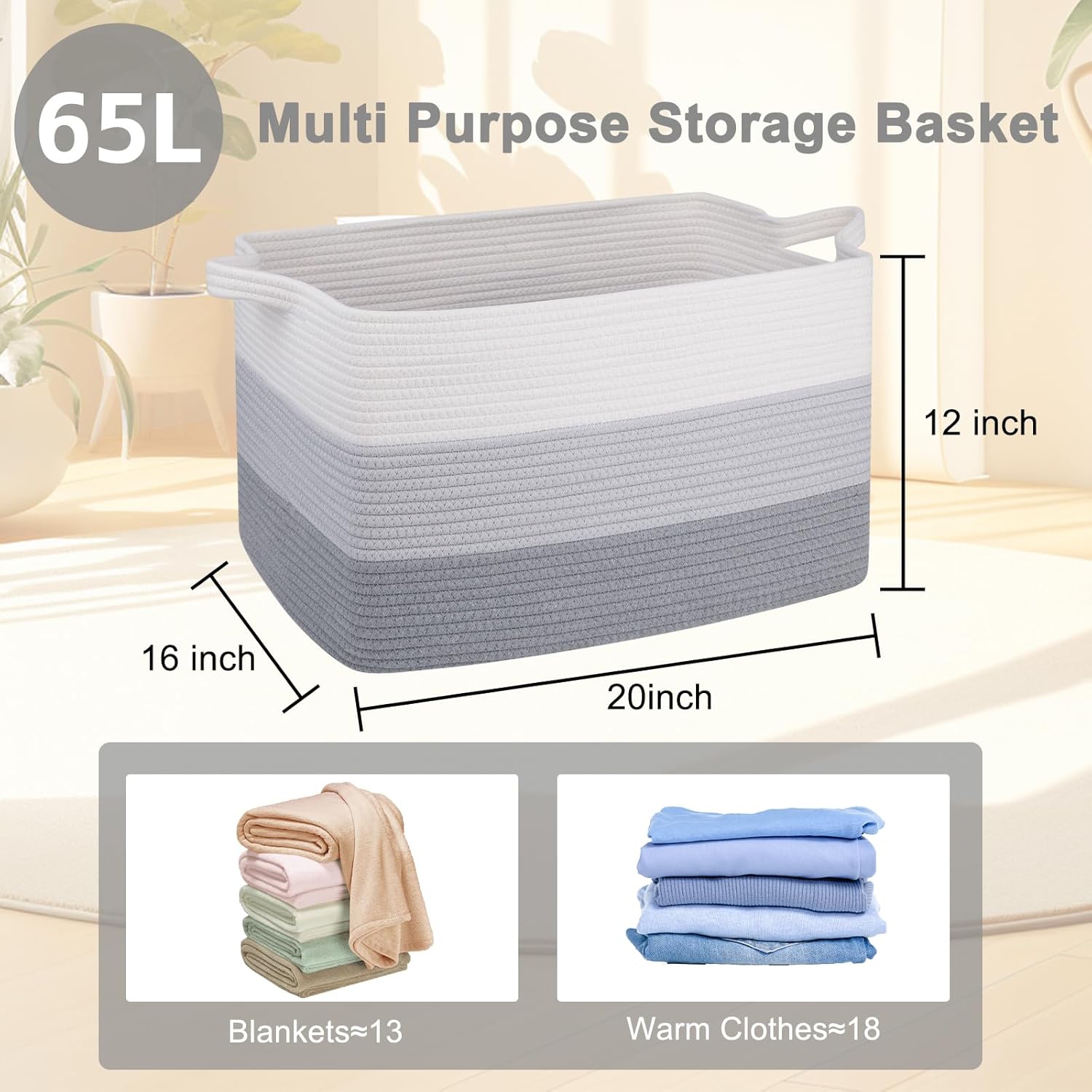 OIAHOMY Large Storage Basket, Cotton Rope Woven Blanket Basket, Toy Bin for Baby Room, Container for Blanket Storage in Living Room, 20''×16''×12'', Gradient Grey - Image 3