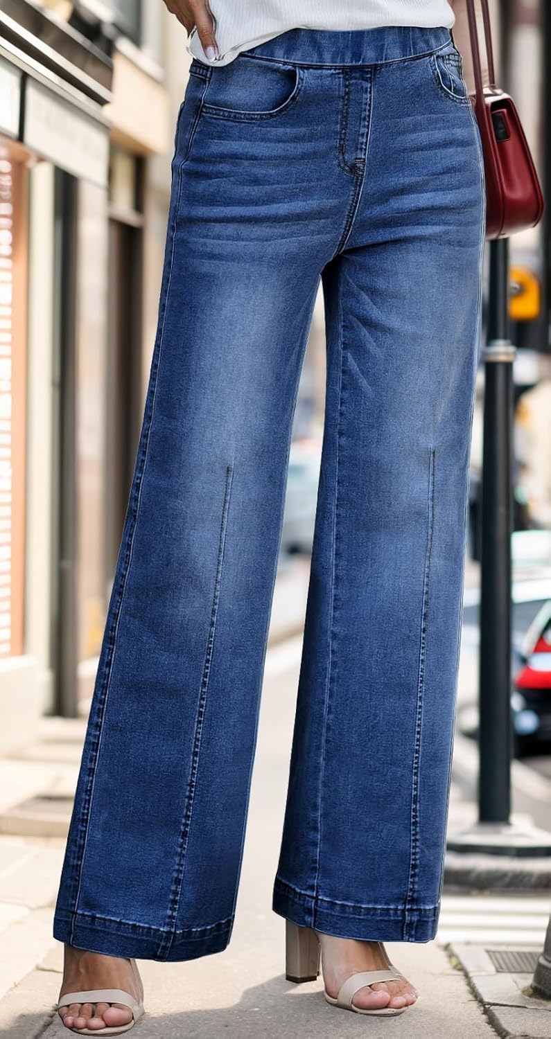 BestGirl Women's Baggy Jeans Pull On Stretchy Loose High Waisted Wide Leg Denim Pants Y2K 90s - Image 4