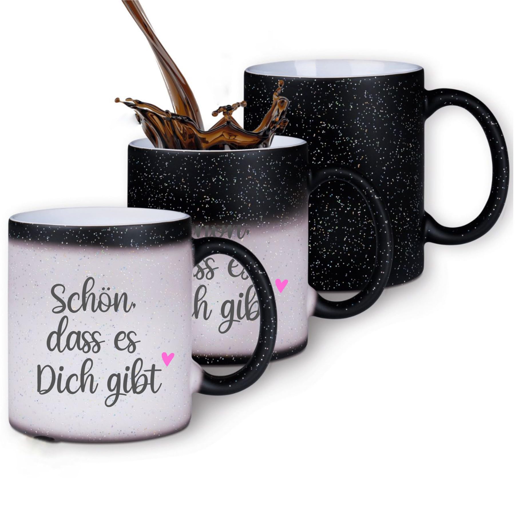Farbwechsel Tasse „Schön, dass es dich gibt“ – Zaubertasse mit Glitzer 330 ml – Magic Mug Keramik Kaffeetasse mit Farbwechsel Effekt – Geschenk für Lieblingsmensch, Familie, Freundeskreis oder Arbeit