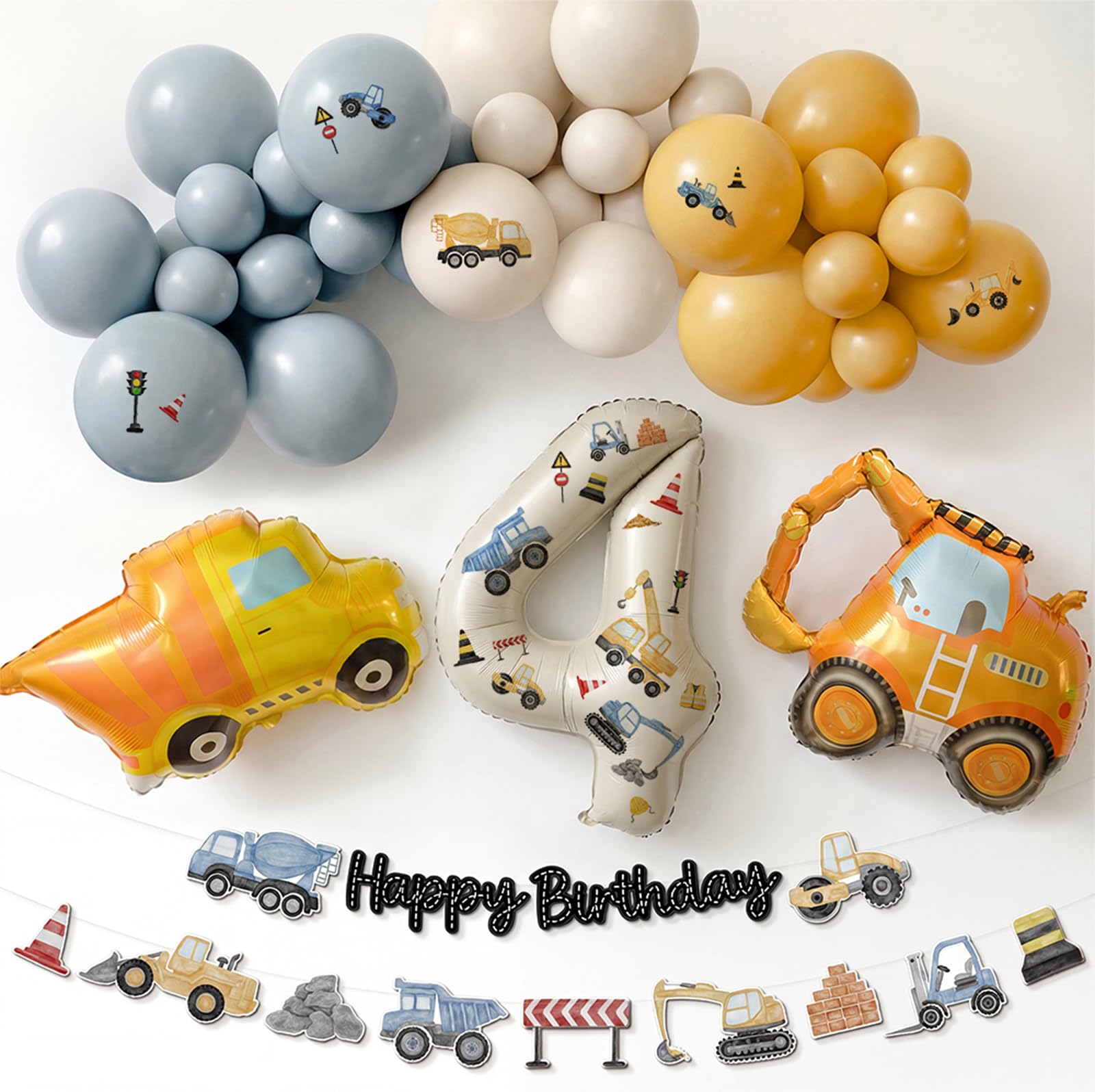 4th Birthday Decorations Boy - Digger Birthday Decorations Construction Balloons Arch Kit with Foil Excavator Balloons 32Inch Number 4 Balloon and Happy Birthday Banner(Not Pre-Printed Balloons)