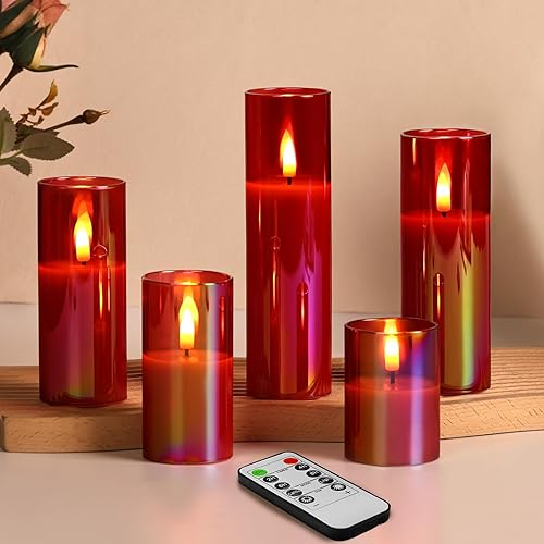 Eywamage Juego de 5 velas de cristal sin llama de Navidad rojas con pilas remotas, parpadeantes, delgadas y altas