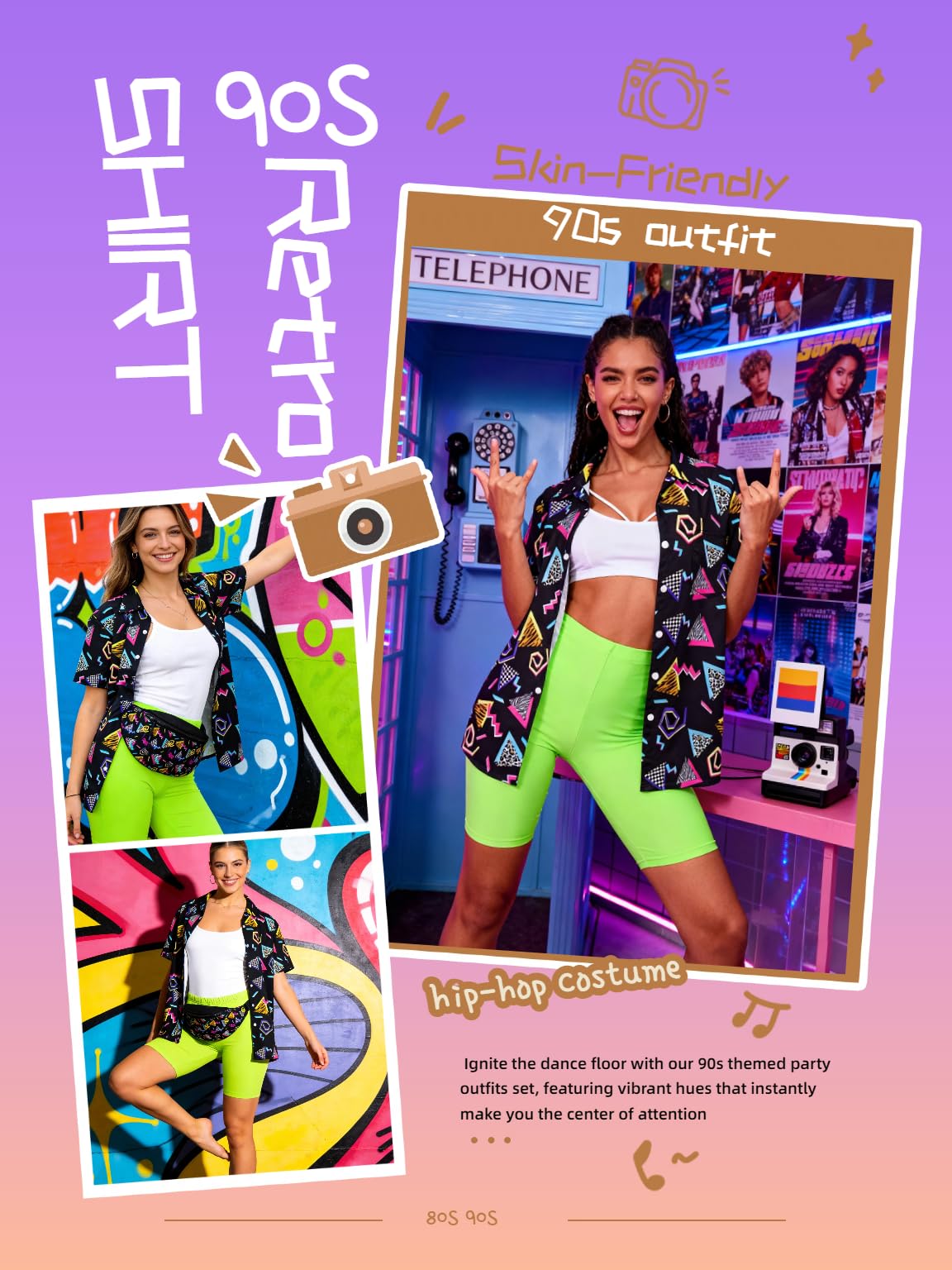 Verceco Trajes de los años 80 para mujer, disfraz de hip hop de los años 90 para adultos con camisa estampada de fiesta temática de los años 90 y juegos de accesorios retro de 7 piezas