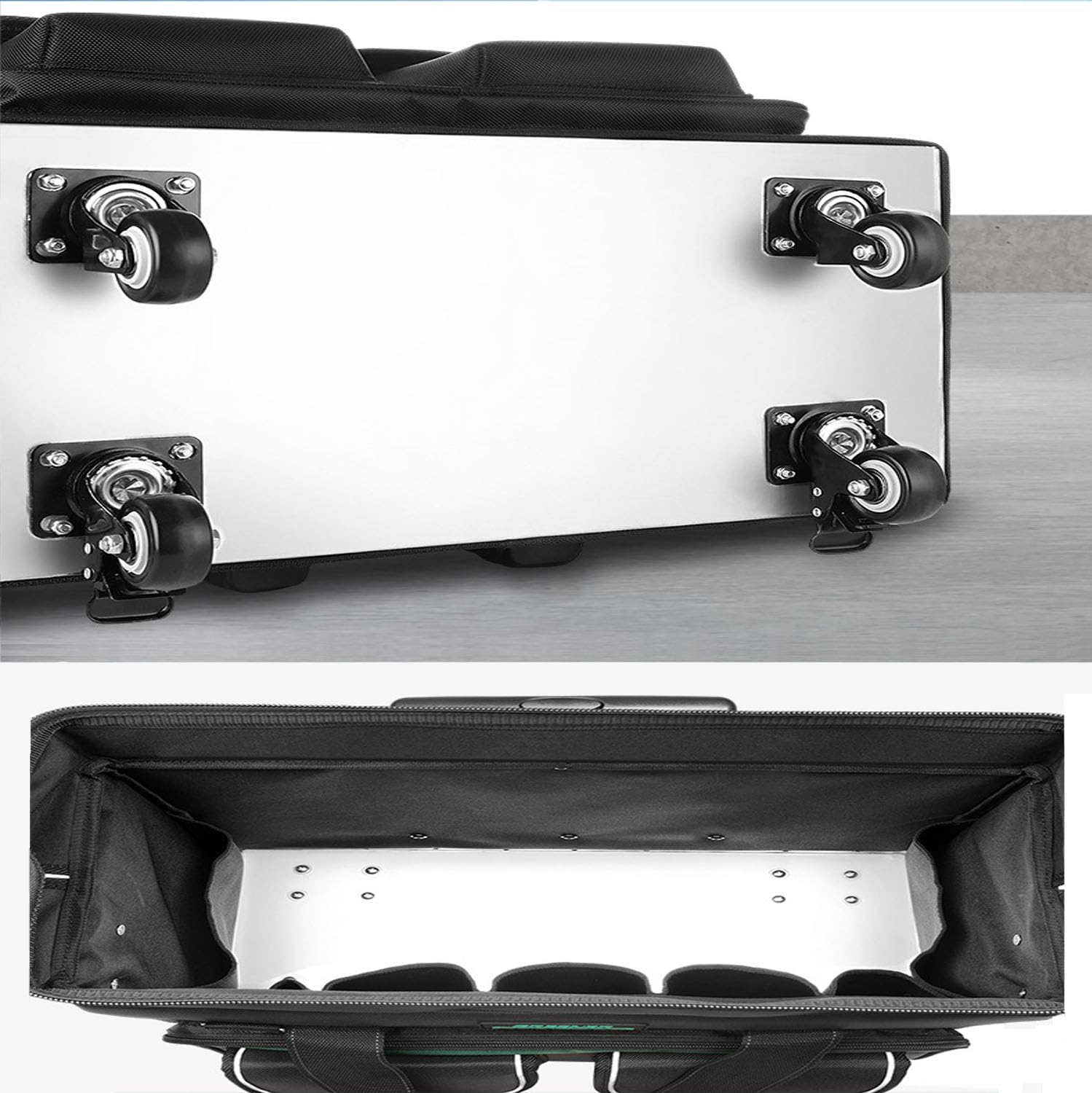 Large Roller Tool Bag with Four Spinner Wheels, Portable Rolling Tool Bag with Steel Plate Base, Waterproof (Green)