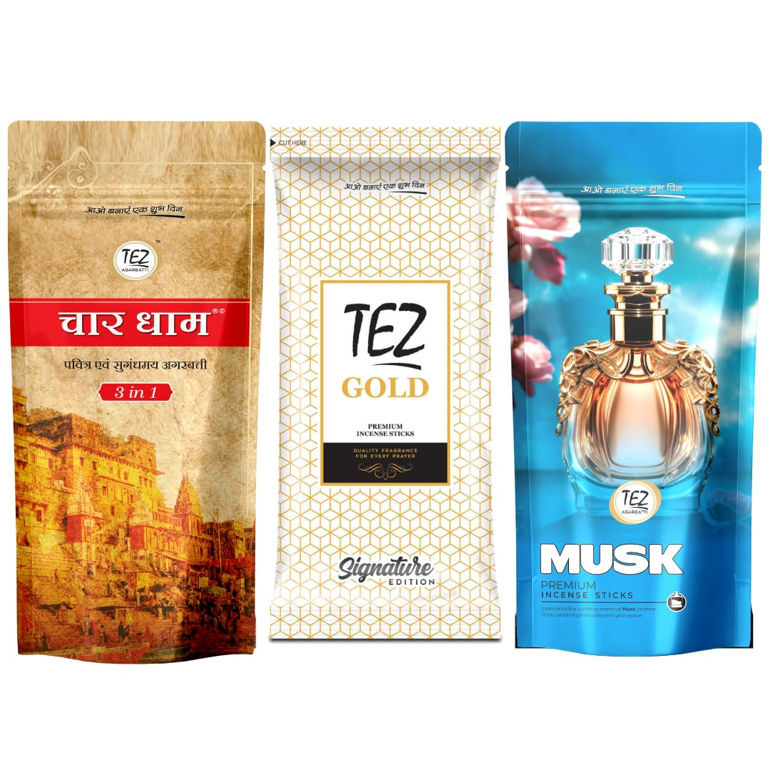 TEZ Premium Incense Sticks Variety Pack, Tez Gold Signature, ChaarDhaam and Musk, Pack of 3-picture-31