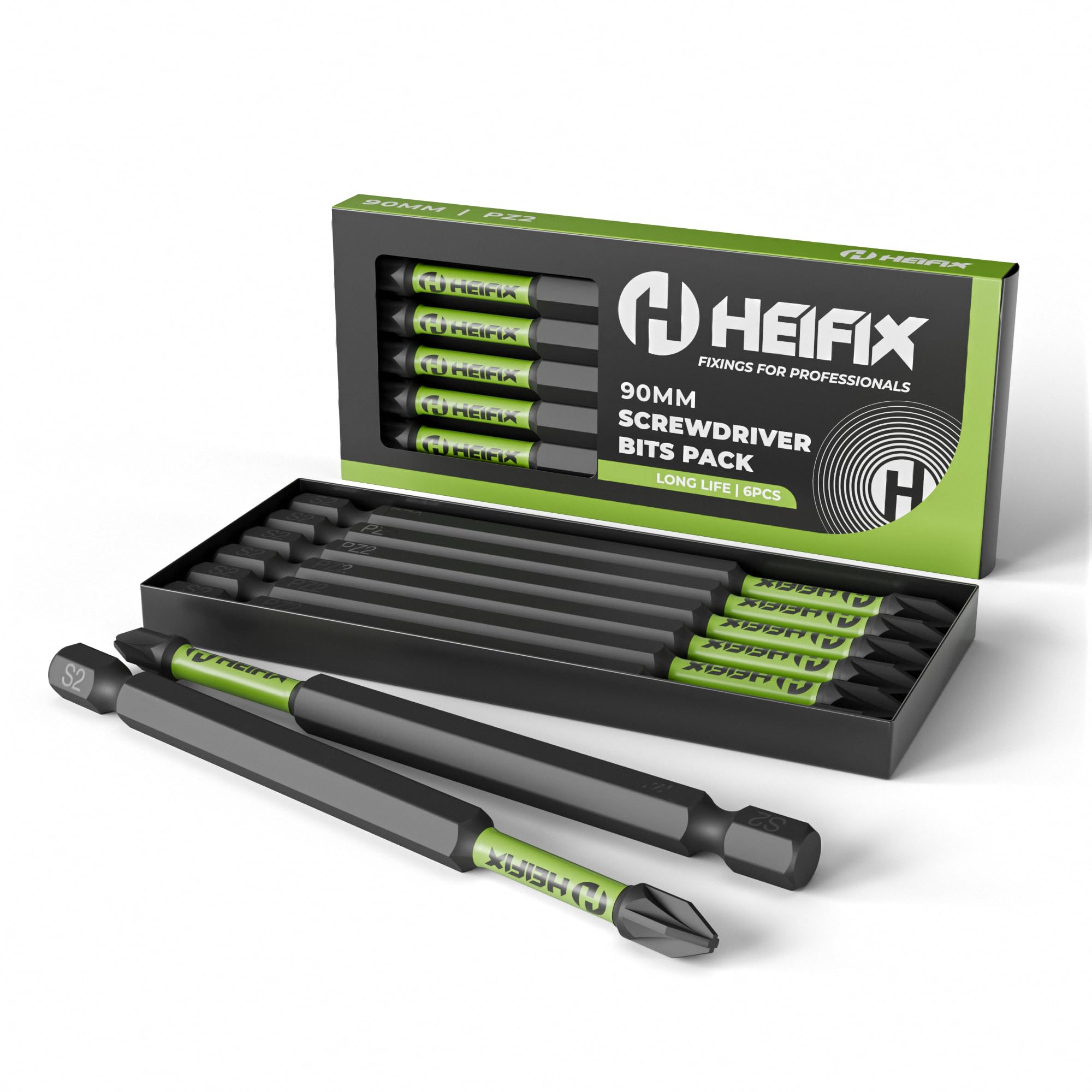Heifix 6 x 90mm PH2 Impact Screwdriver Bit Set, Eco Storage Box