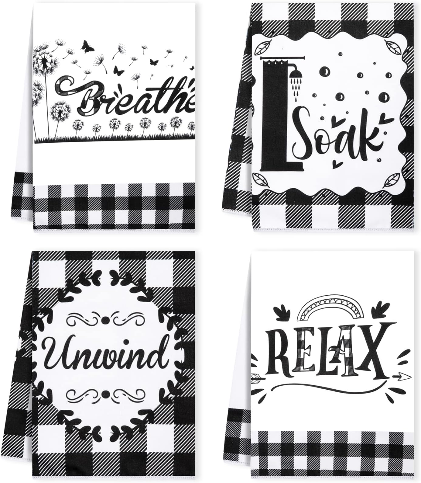 RUMIA 4PCS Plaid Bathroom Hand Towels Black White Buffalo