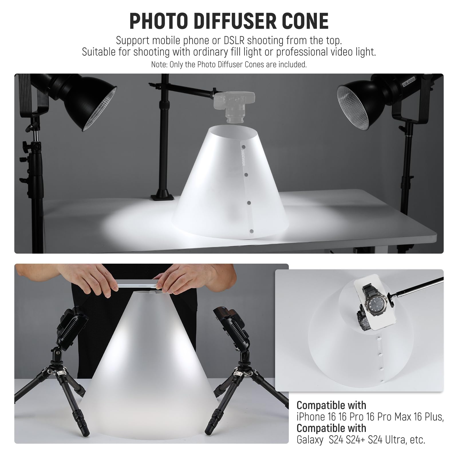 NEEWER Set Diffusore Luce Conico (3pz, 14"/15"/20"), Riflettore per Illuminazione Flash Migliorato Spessito 0,5mm, Alternativa a Light Box per Foto Prodotti Gioielleria, Senza Ombra e Riflesso, NK006