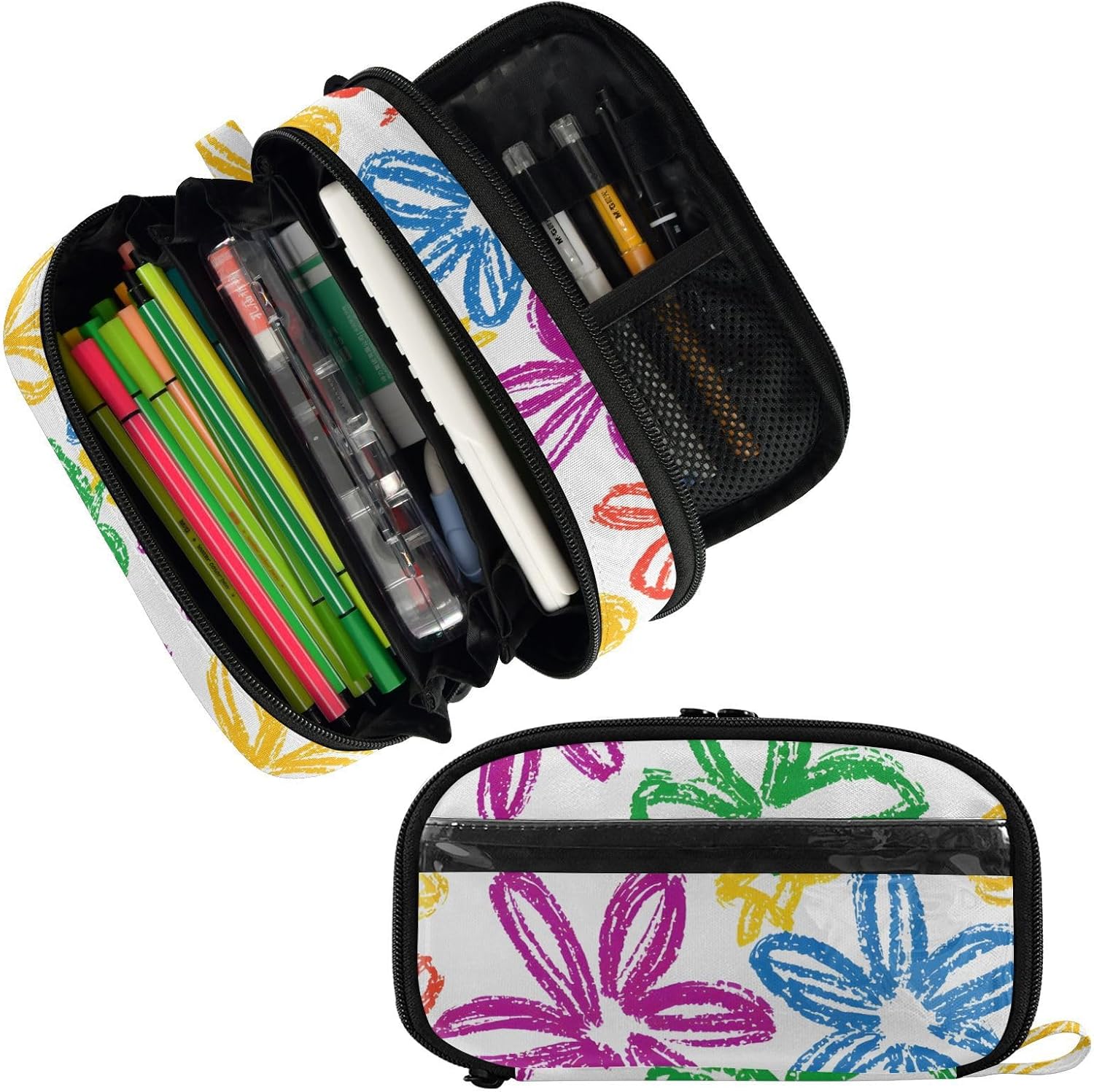 ALAZA Cute Flower Pattern Yellow Purple Large Capacity Pencil Case, Aesthetic Stationery Organizer Bag with Clear PVC Window, High Capacity Pen Pouch with Dividers for School Office Travel image 2