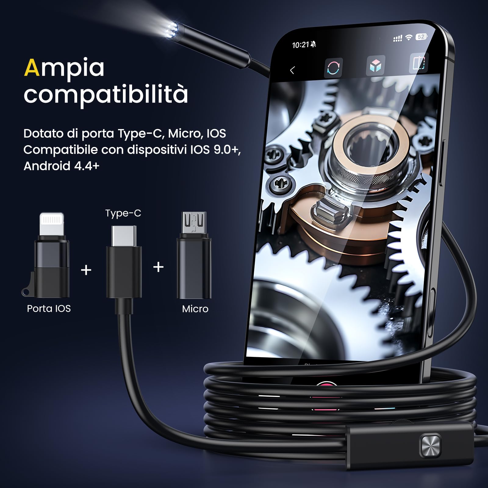 Maxpow Endoscopio Per Smartphone - Telecamera Endoscopica 1920HD IP67, Sonda con 8 LED per Ispezione Tubi, Cámara de Inspección Compatible with Android e iOS Per Tubi Macchine Fognature 5m