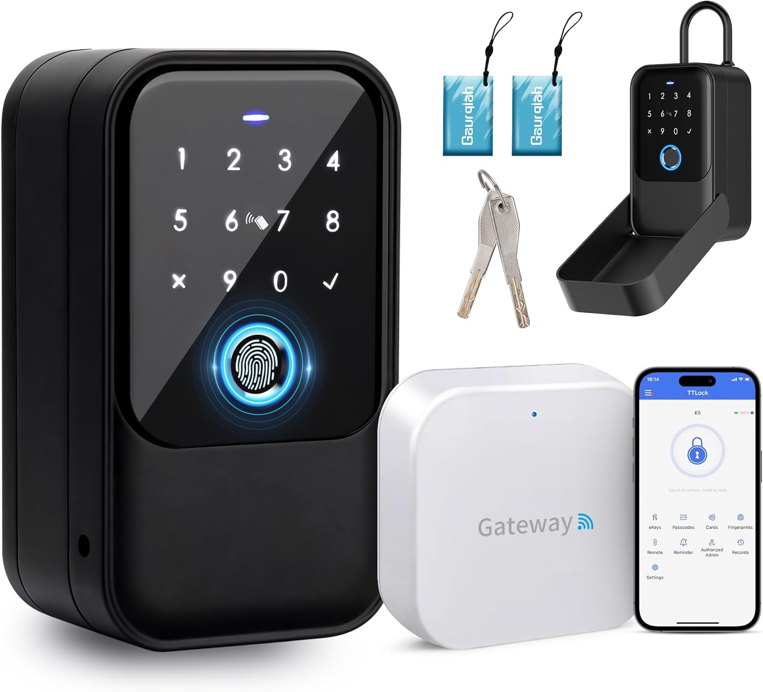Smart Key Lock Box, Fingerprint, G2 Gateway Remotely Control，TTLock APP Control, Ekey, Passcode, Access Card, Bluetooth Unlock for Convenient Home, Airbnb, Realtor, Office