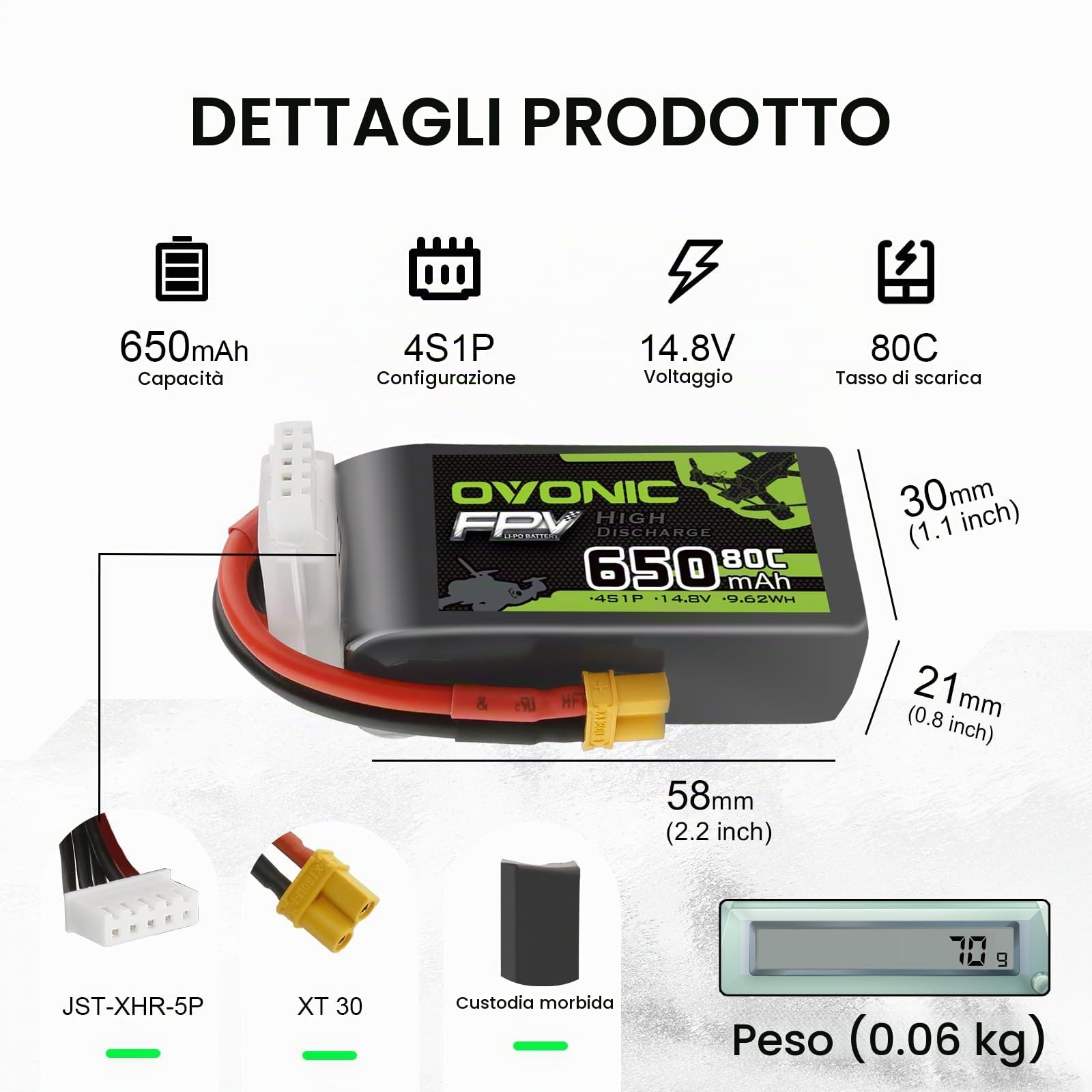 OVONIC Batteria Lipo 4s 80C 650mAh 14.8V con XT30 per RC Aereo Quadcopter Elicottero FPV Racing Drone (4 pezzi)