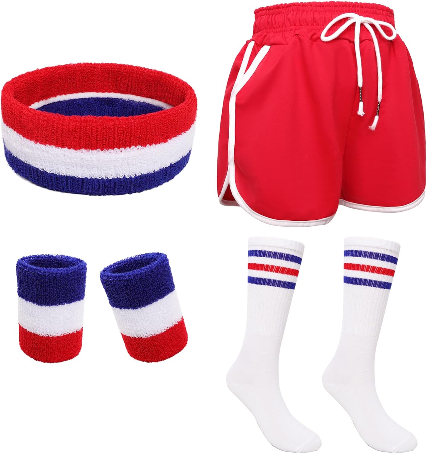 Fumwase 6Pcs 80s Workout Costume Outfit Set Running Shorts Sweatband Wristbands Striped-Tube Socks for Men Halloween Cosplay