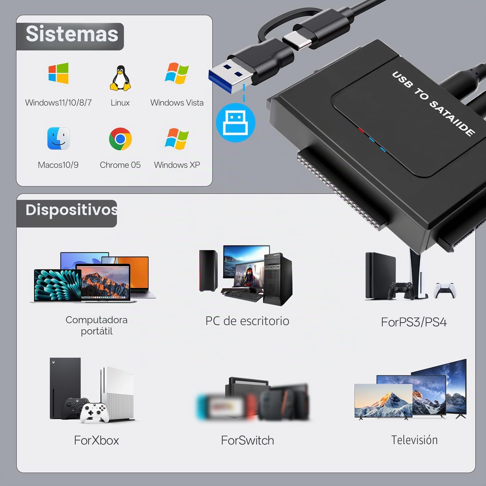 6Gbps Adaptador Lector Discos Duros USB3.1, Adaptador USB IDE para 2,5'' y 3,5'' IDEy SATA HDD/SSD,ConversorAdaptador de Disco Duro USB3.1 a IDE/SATA para Windows/Linux/MacOS